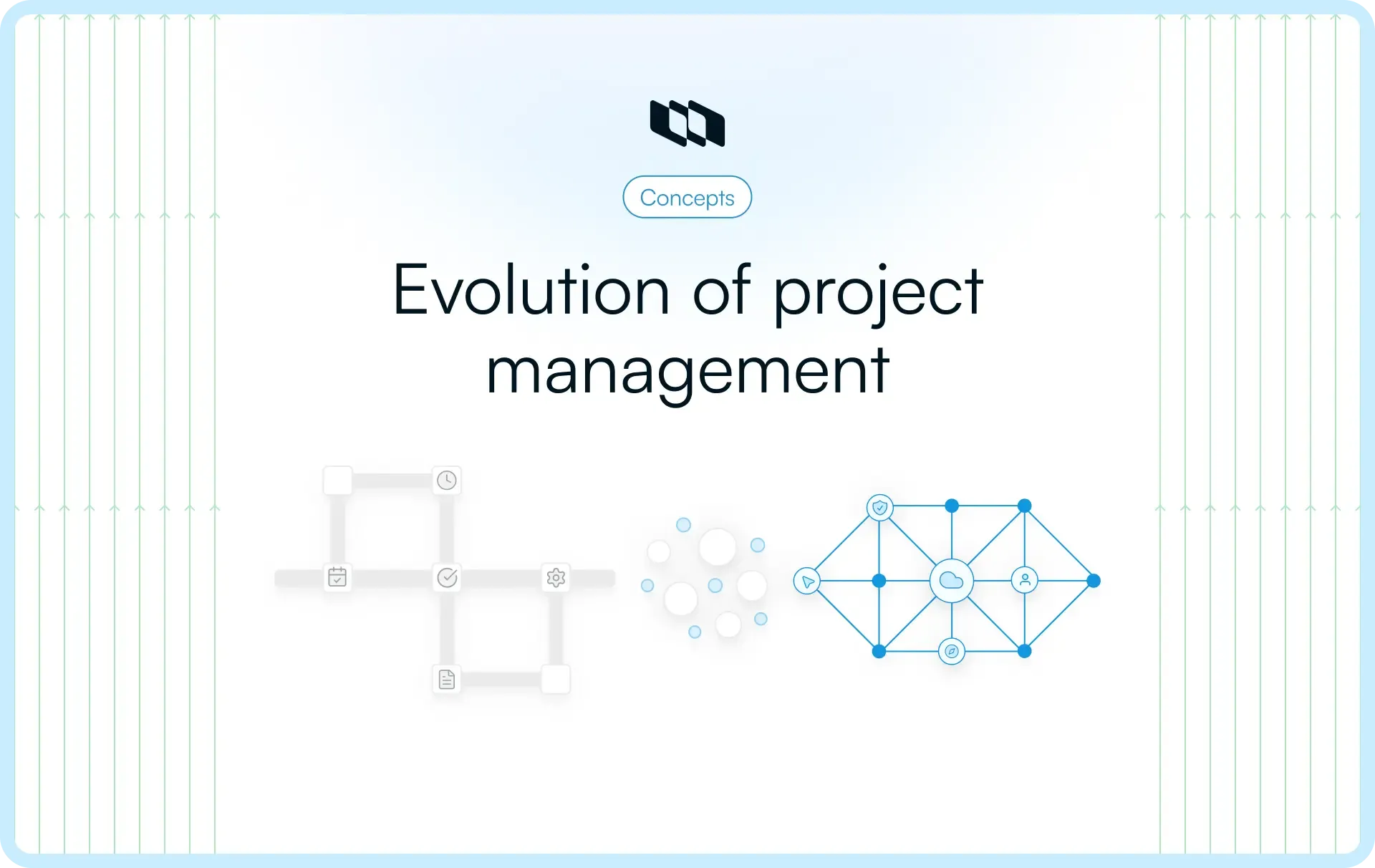Blog cover titled “Evolution of project management” featuring abstract visuals that represent planning, coordination, and connected work systems over time.