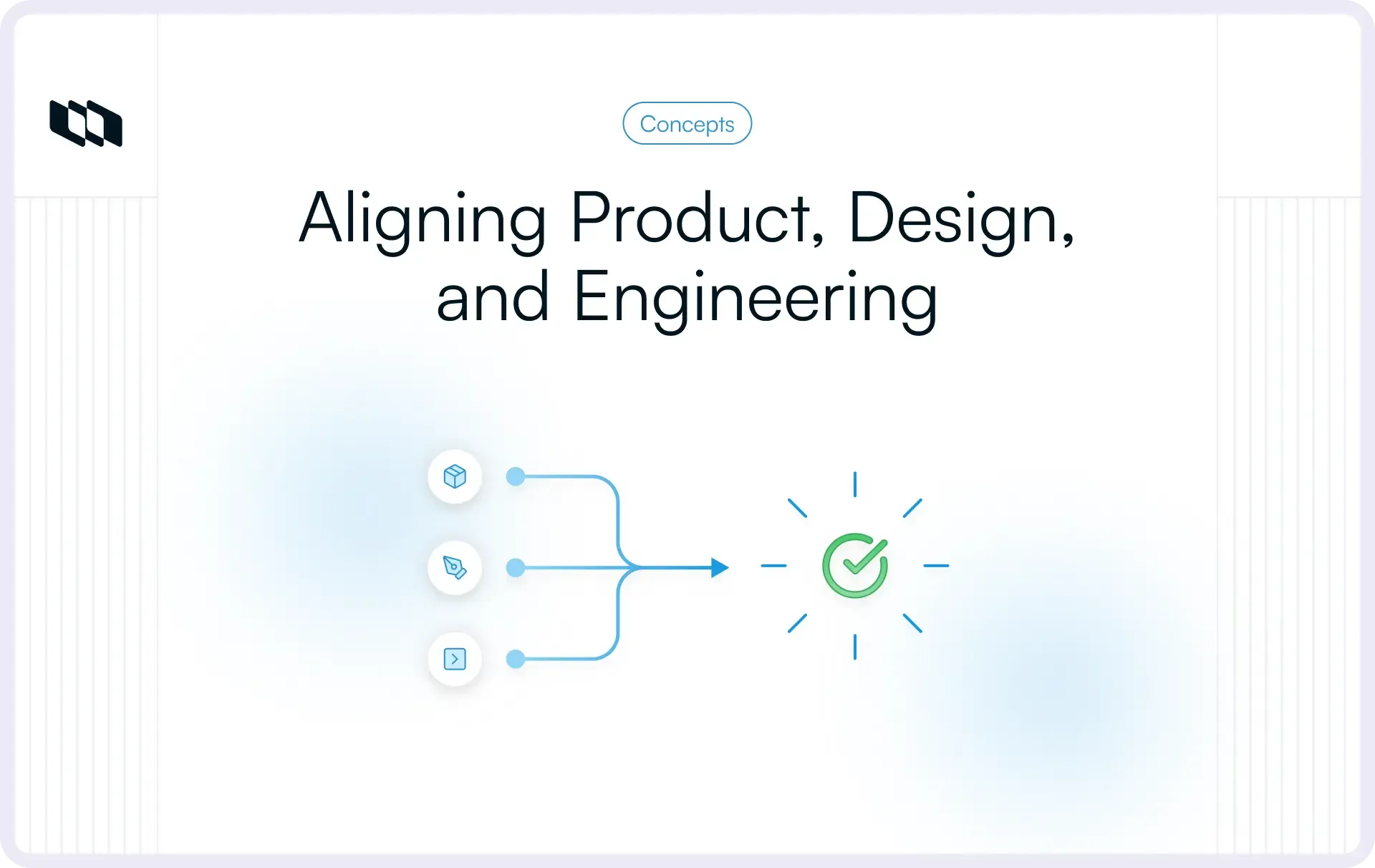 Illustration showing product, design, and engineering inputs aligning into a single outcome, representing cross-functional collaboration and shared decision making.