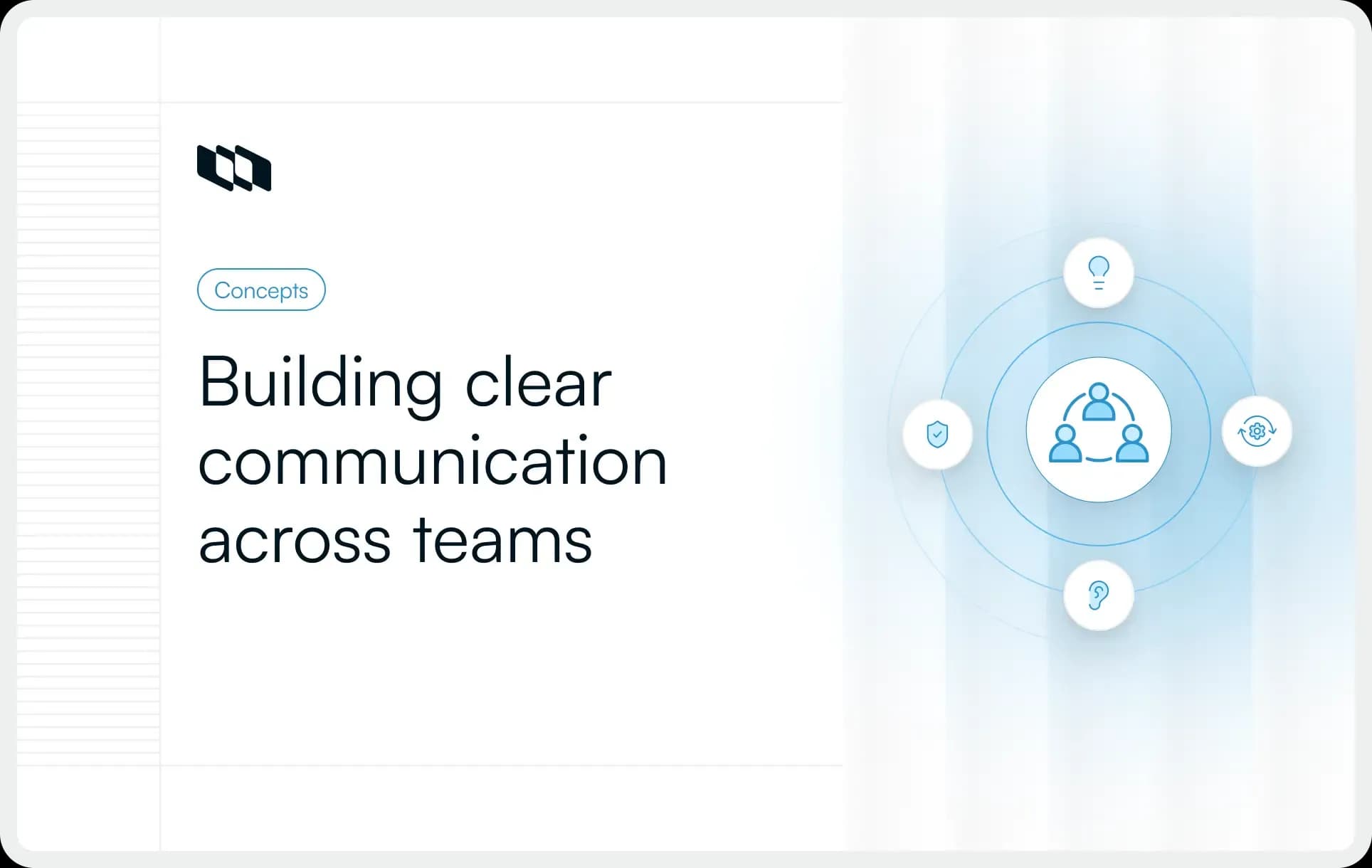 Illustration showing team communication system with central team icon and surrounding elements representing clarity, feedback, security, and collaboration across teams