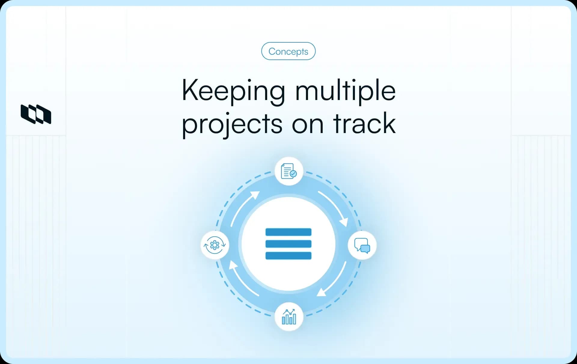Illustration showing a central project dashboard surrounded by planning, coordination, and reporting elements, representing how teams keep multiple projects on track.