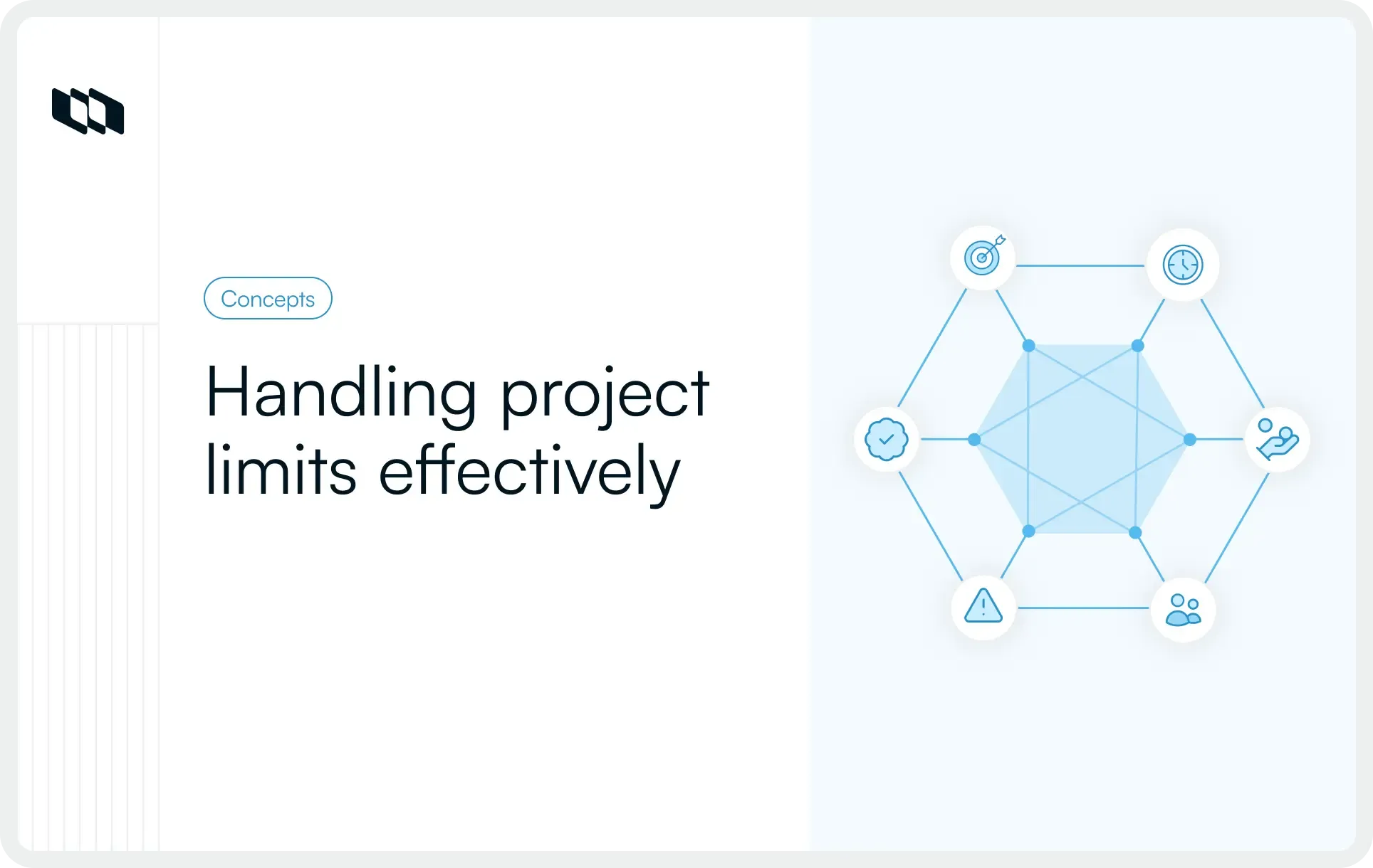 Illustration titled “Handling project limits effectively” showing connected icons for scope, time, cost, quality, risk, and team to represent project constraints.