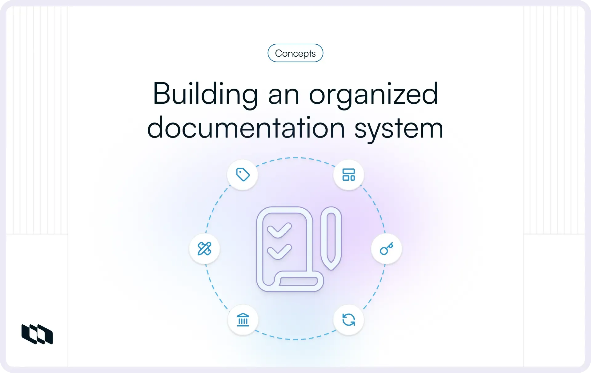 Illustration representing an organized team documentation system with structured processes, tagging, access control, and continuous updates around a central documentation hub.