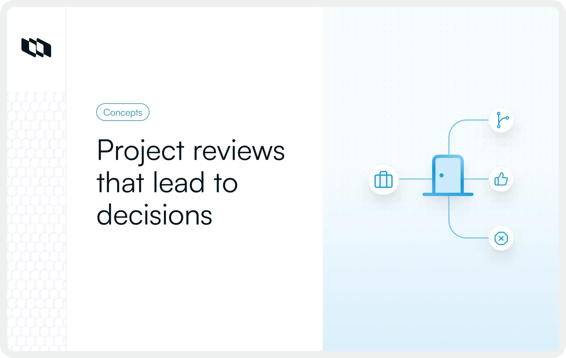 Blog cover image titled “Project reviews that lead to decisions,” showing a central laptop icon connected to symbols