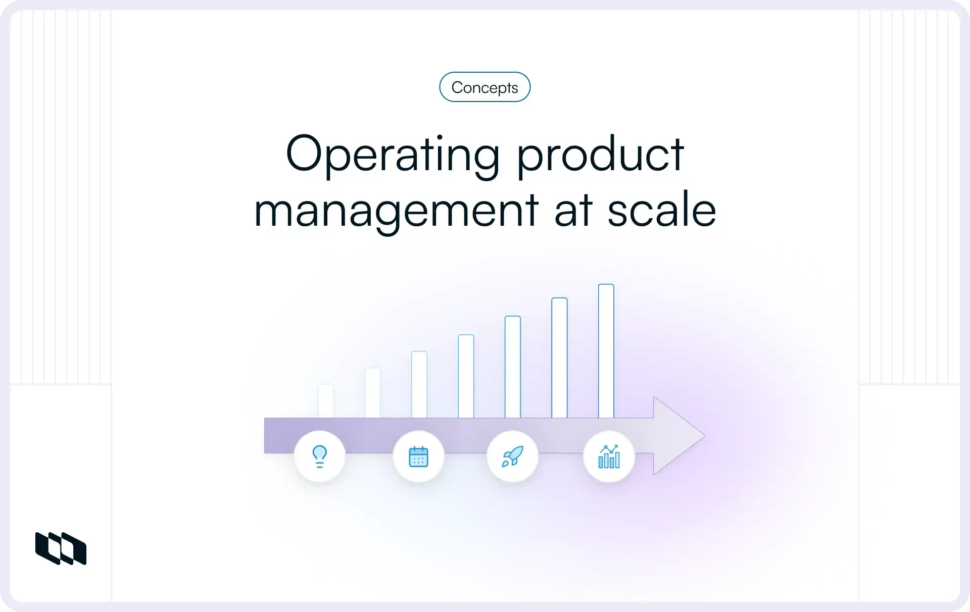 Operating product management at scale illustration showing a growth arrow with icons for ideas, planning, execution, and analytics representing structured product scaling across teams