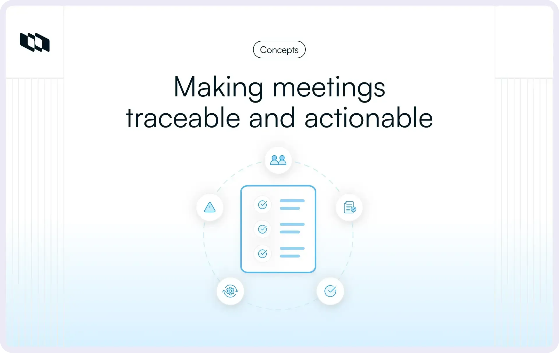 Graphic with the heading “Making meetings traceable and actionable” showing a central checklist icon surrounded by symbols for collaboration, decisions, documentation, process, and accountability.