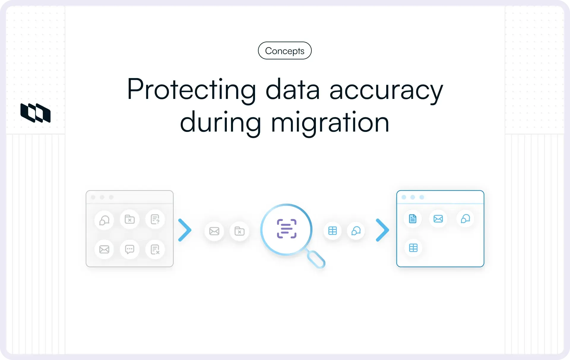 Illustration showing data moving from one system to another during migration, with validation checks in the middle to ensure data accuracy before it reaches the new system.