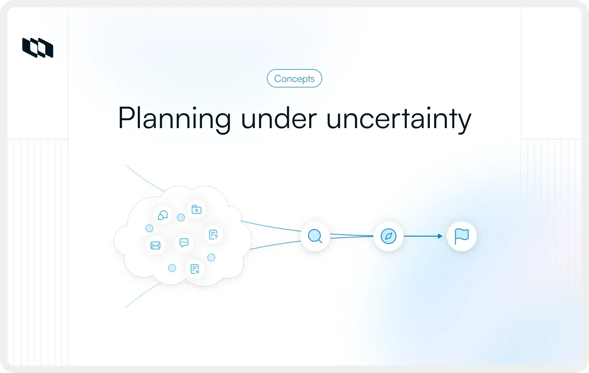 Blog cover titled “Planning under uncertainty,” showing a cloud of mixed signals flowing through analysis and direction icons toward a clear outcome, representing decision-making in uncertain projects.