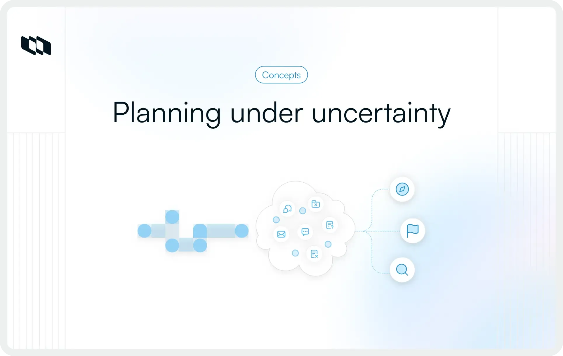Blog cover illustration of connected nodes flowing into a cloud of signals, representing decision-making and clarity in uncertain project environments.