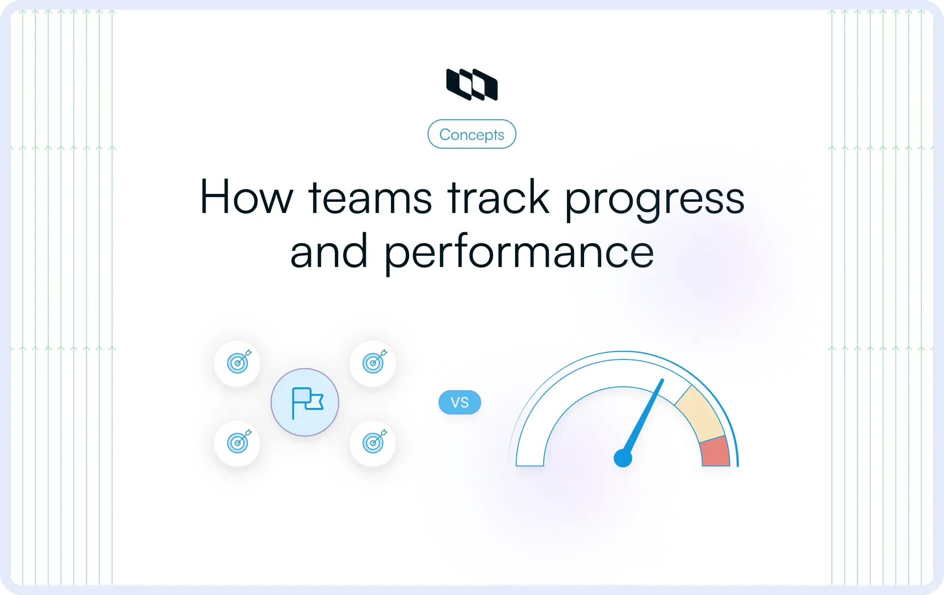 Illustration showing how teams track progress and performance using OKRs and KPIs, with goal targets representing OKRs and a performance gauge representing KPIs.