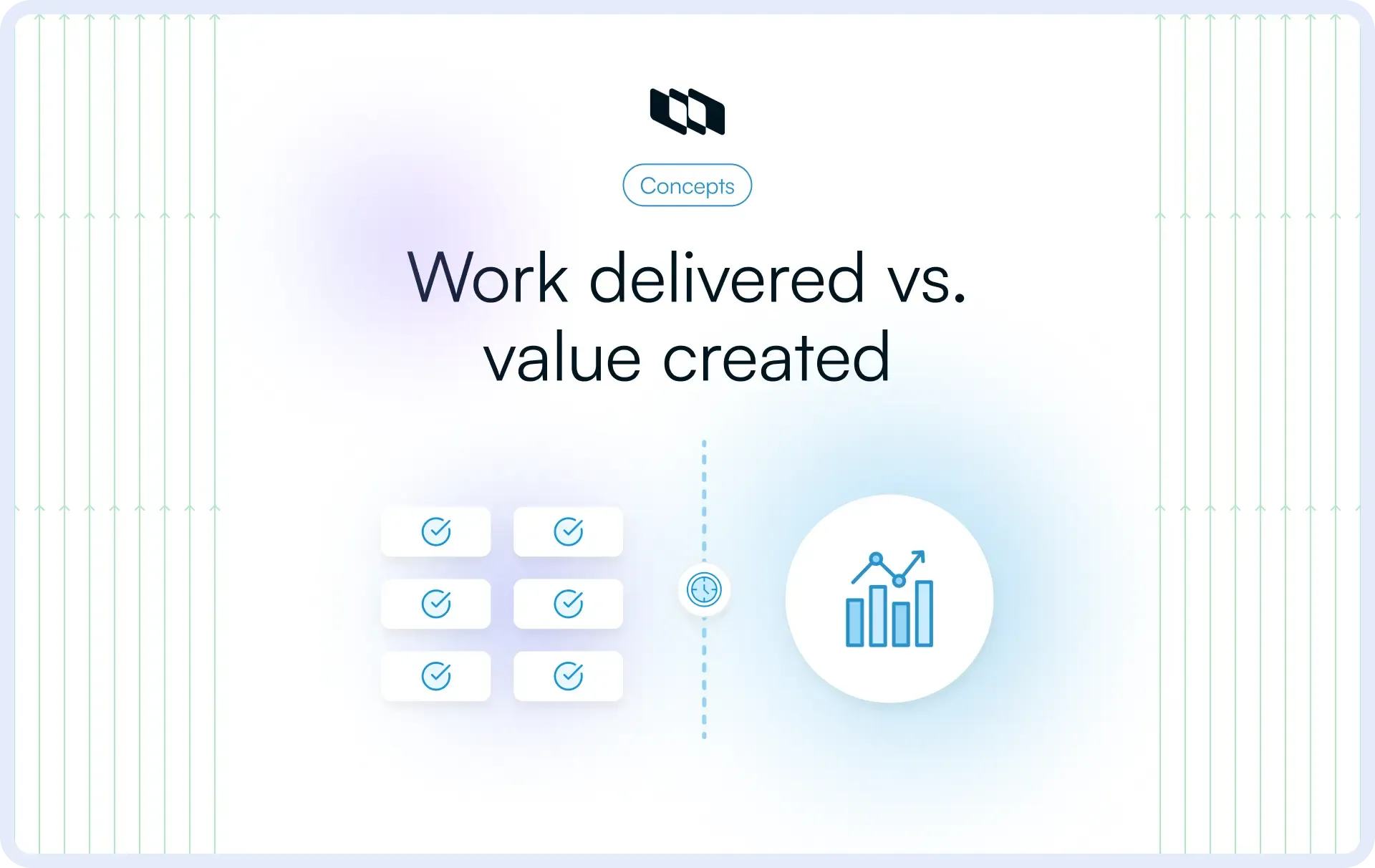 Illustration showing the contrast between work delivered and value created, with completed task icons on one side and a growth chart representing outcomes and impact on the other.