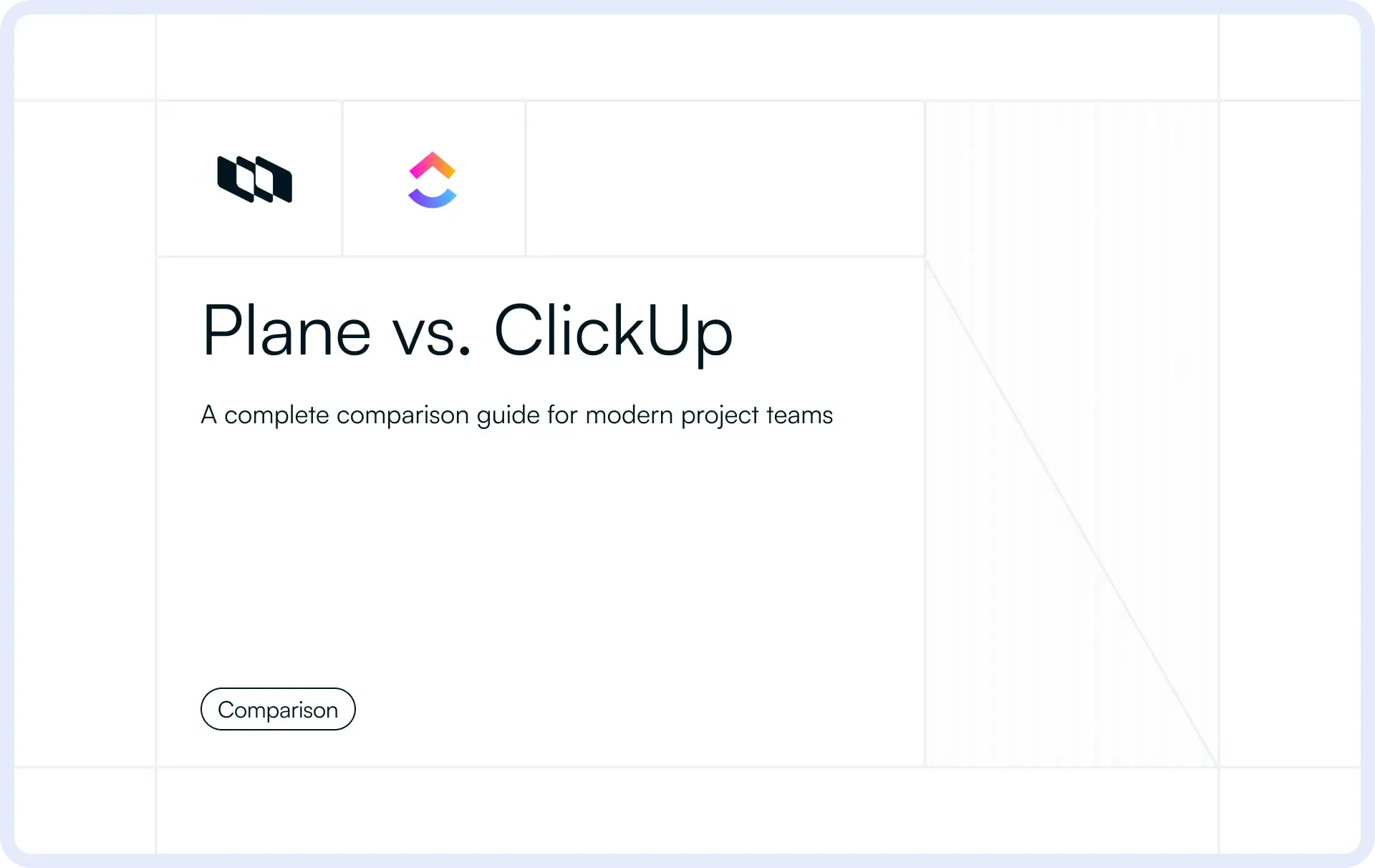 Illustration showing a Plane vs ClickUp comparison page with both logos, the title “Plane vs. ClickUp,” and the subtitle “A complete comparison guide for modern project teams.”