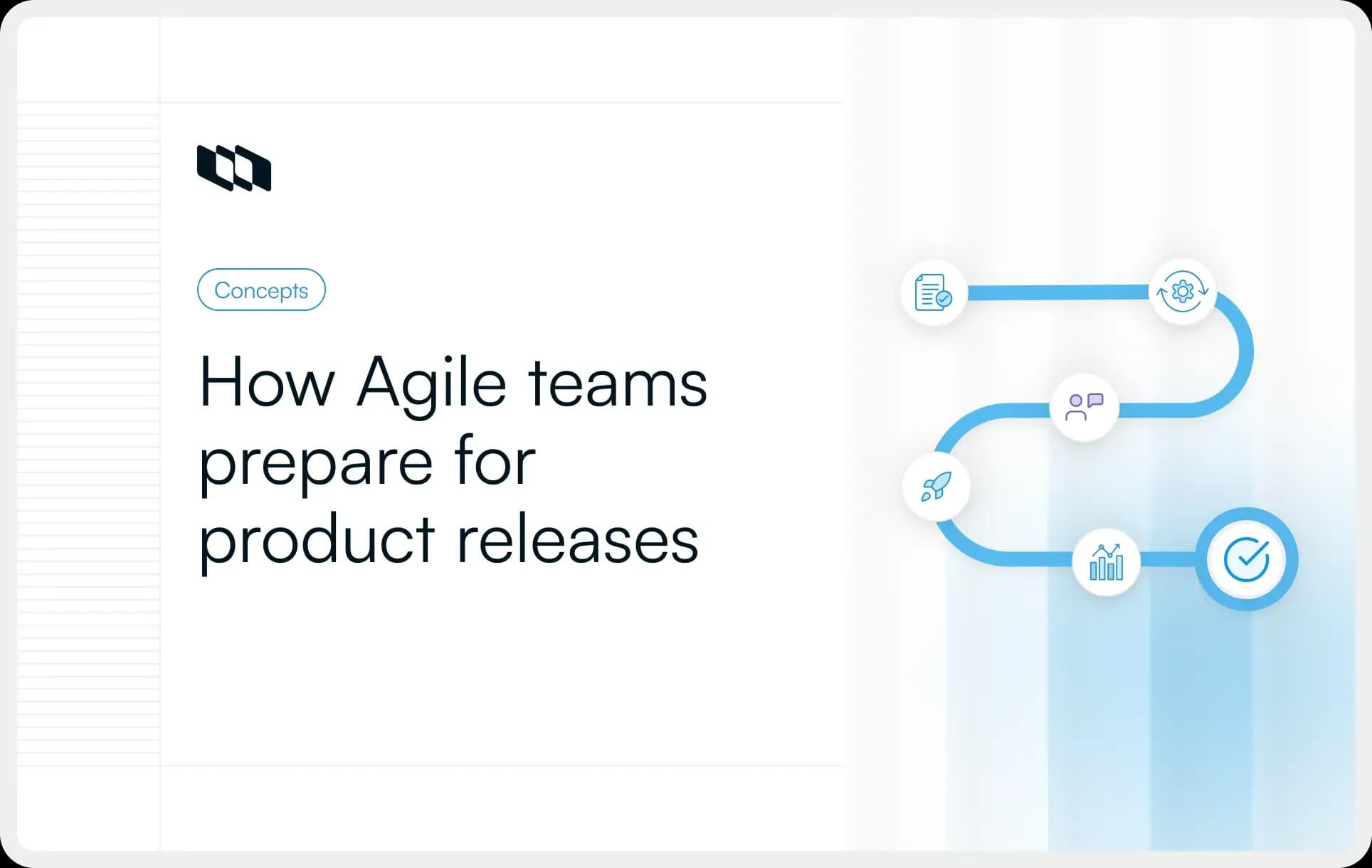 Illustration showing how Agile teams prepare for product releases, with a visual release workflow including planning, collaboration, testing, analytics, and final readiness steps