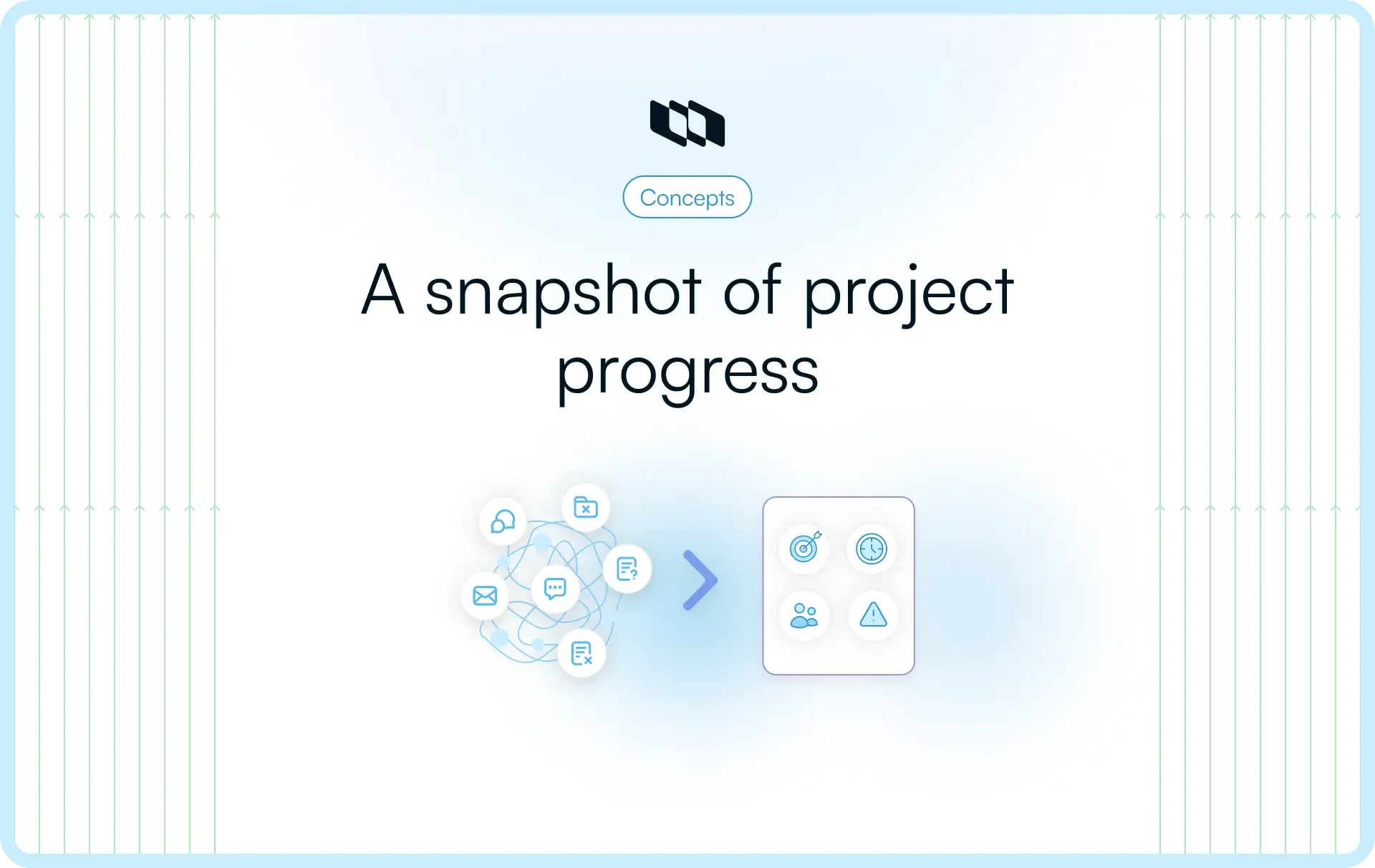 Illustration showing a project summary as a snapshot of project progress, with scattered project inputs consolidated into a clear overview of goals, timeline, people, and risks.