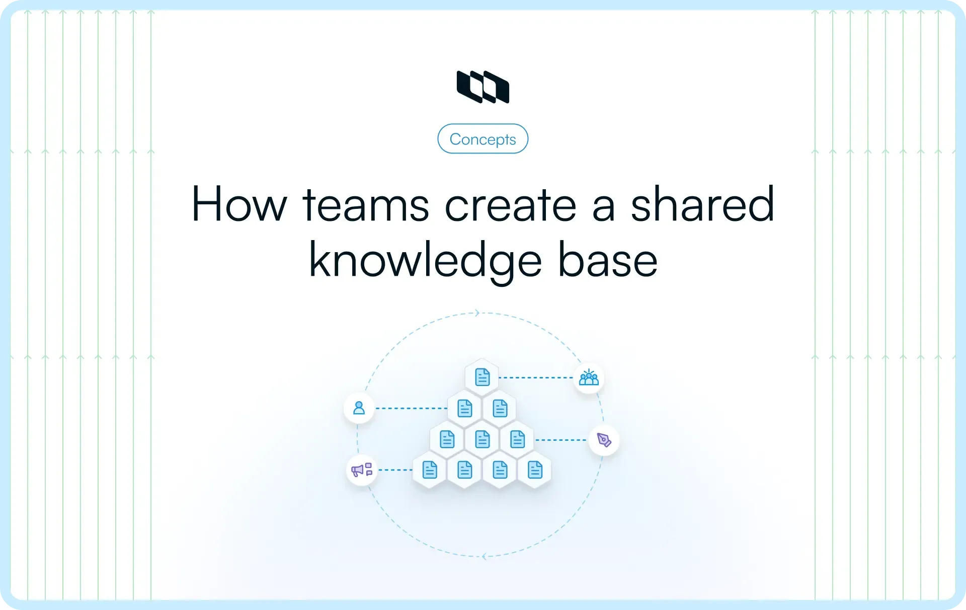 Illustration showing how teams build a shared knowledge base by connecting documents, people, and workflows into one centralized, structured system.