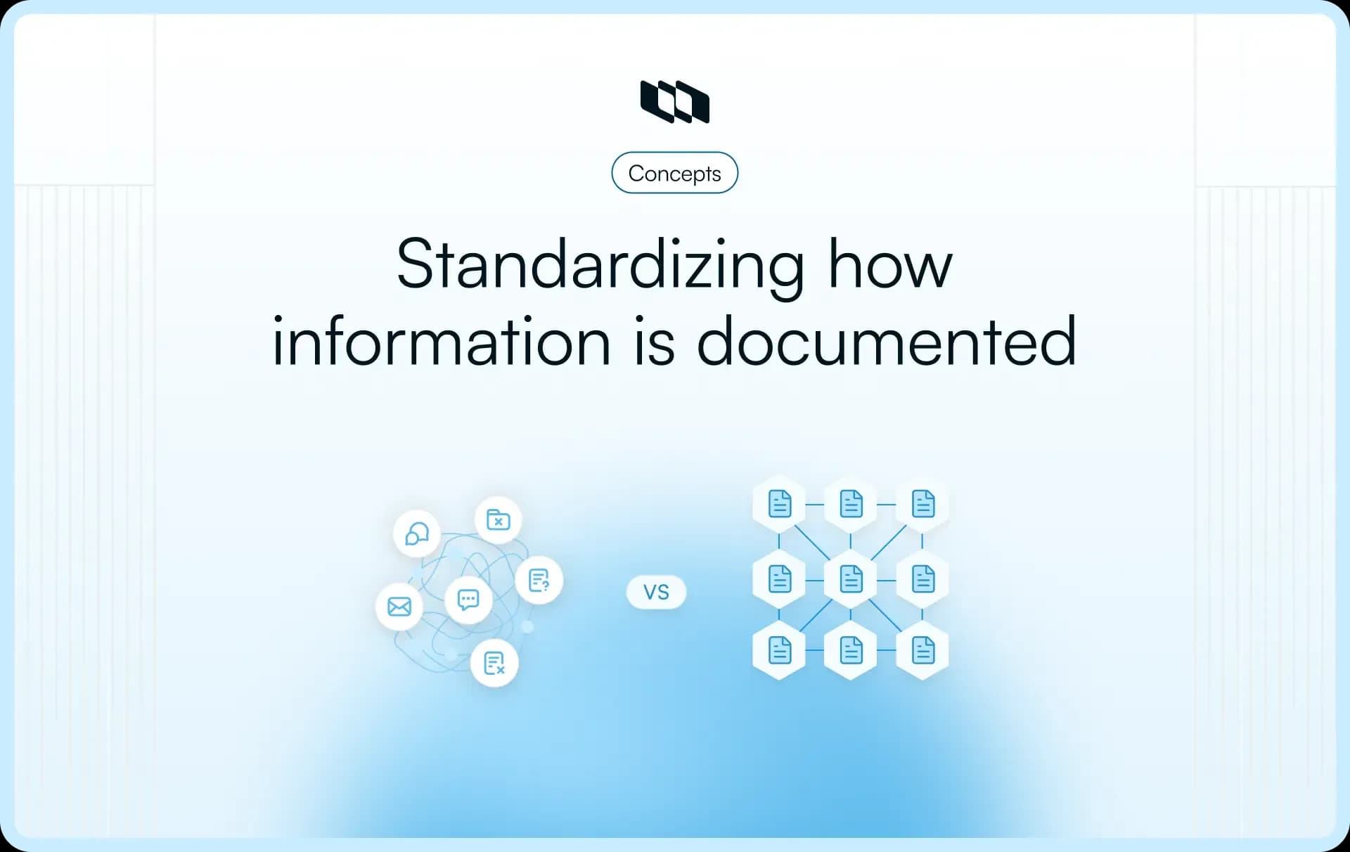 Illustration showing the concept of standardizing how information is documented, comparing scattered communication on one side with structured, interconnected documents on the other.