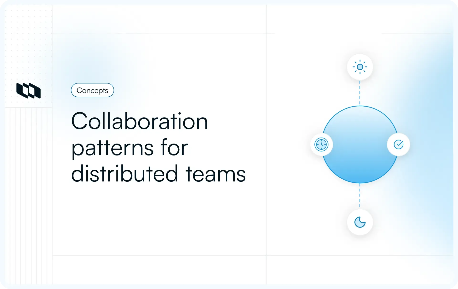 Illustration showing collaboration patterns for distributed teams, with a central workspace connected to time flexibility, task progress, and documented work.
