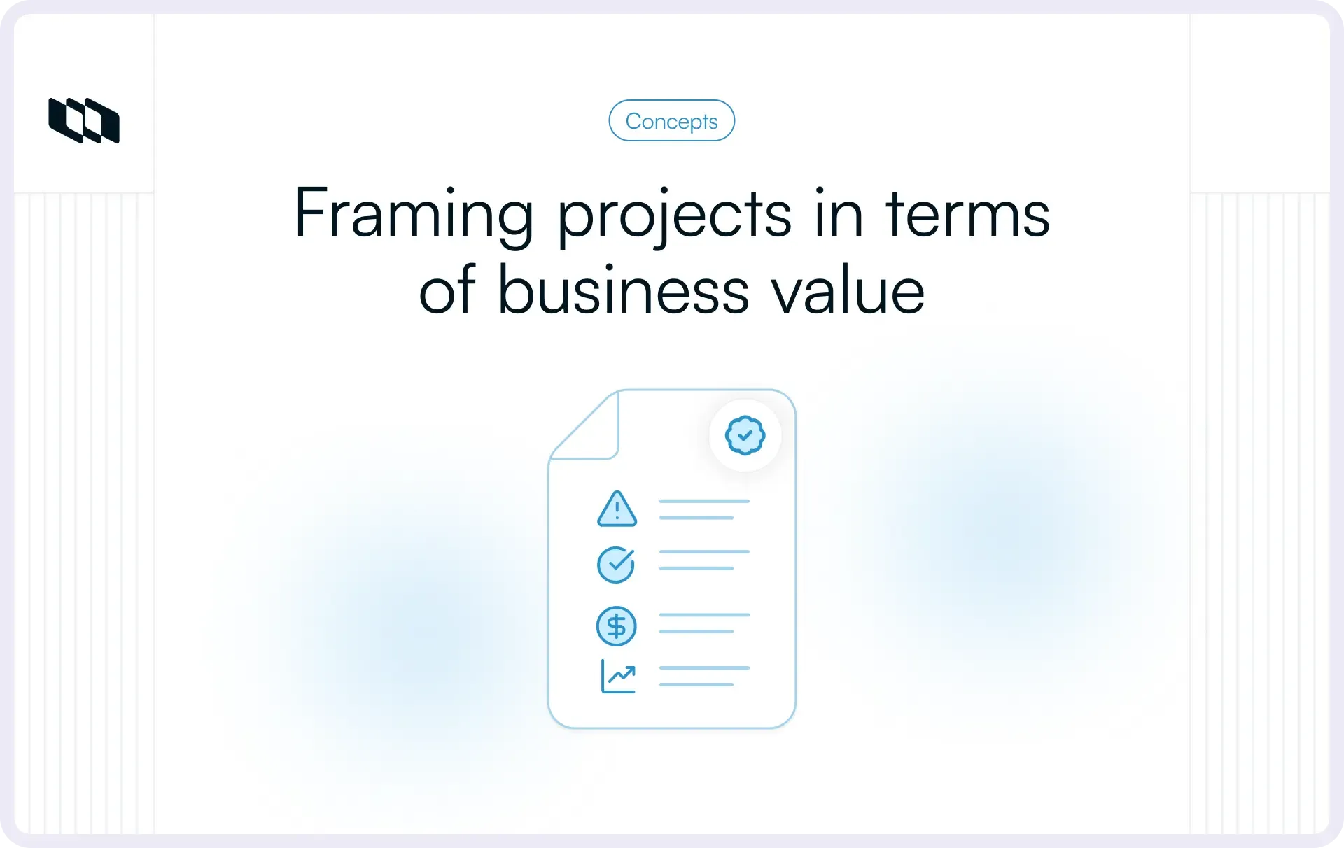 Business case in project management illustration showing a project document evaluated through risks, feasibility, cost, and expected business value indicators