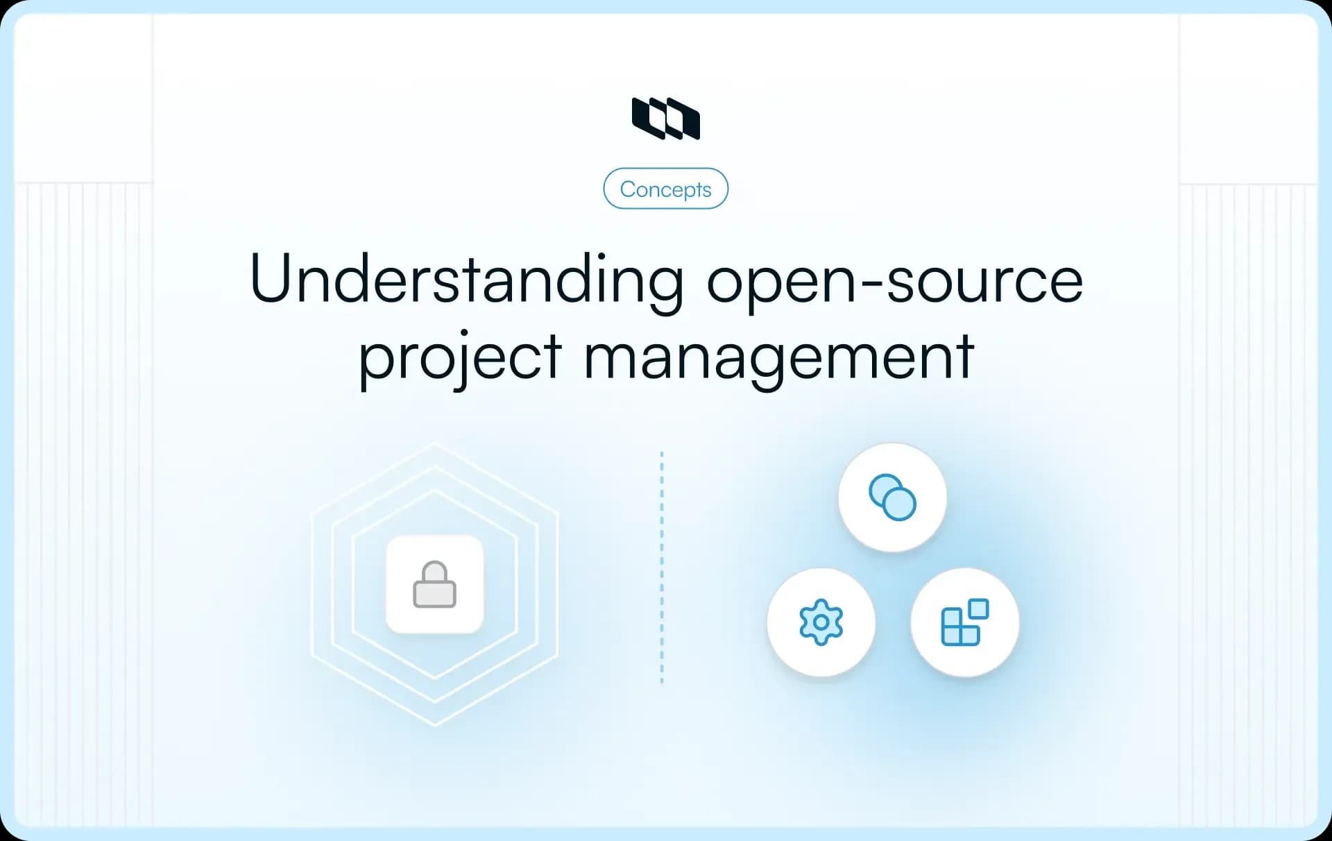 Illustration showing understanding open-source project management with a security icon on one side and collaboration, settings, and workflow icons on the other.