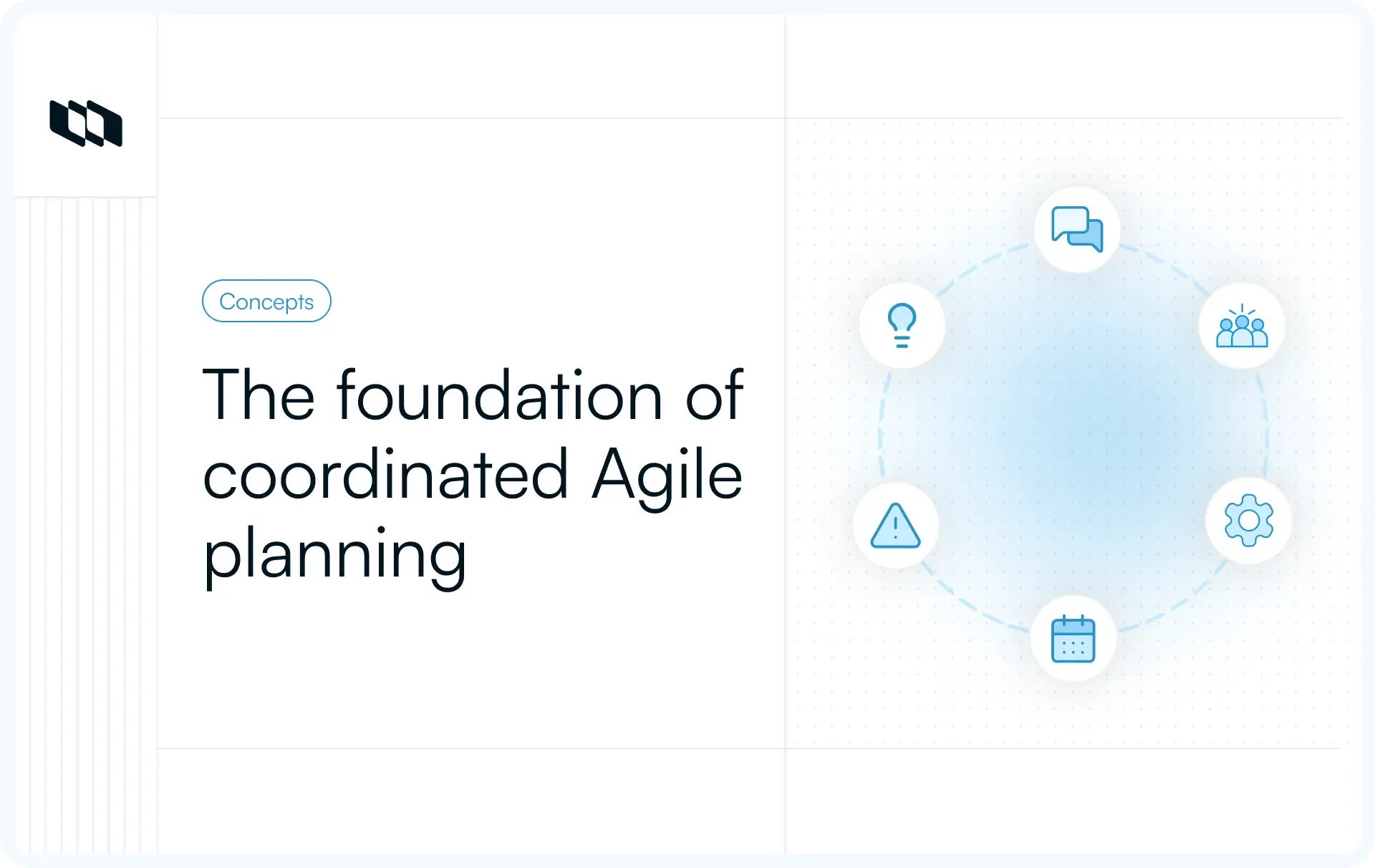 Illustration showing the foundation of coordinated Agile planning with icons representing communication, collaboration, scheduling, risk awareness, and system alignment in PI planning.