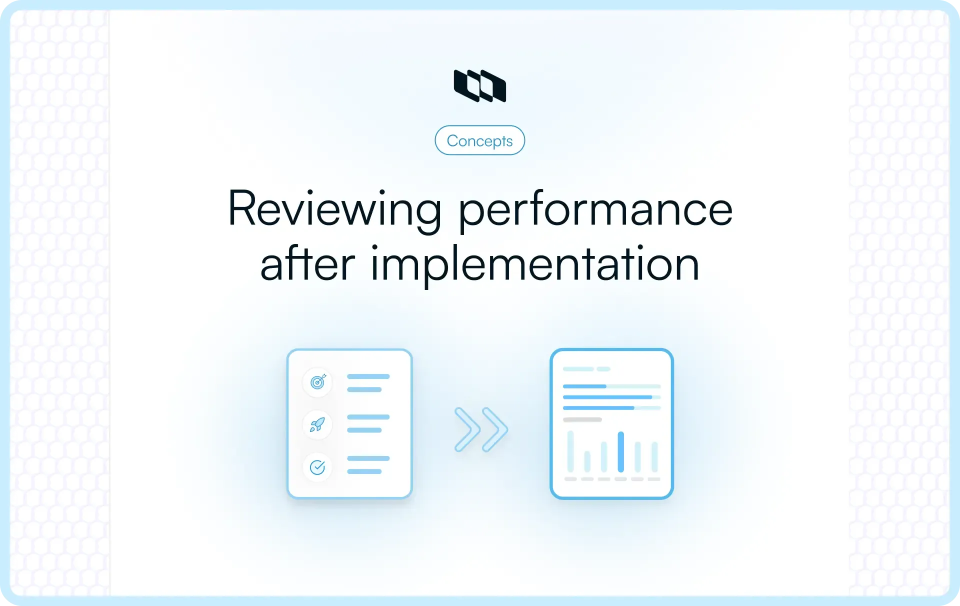 Illustration showing review of project performance after implementation, with completed checklist transitioning into analytics dashboard to evaluate outcomes and results.