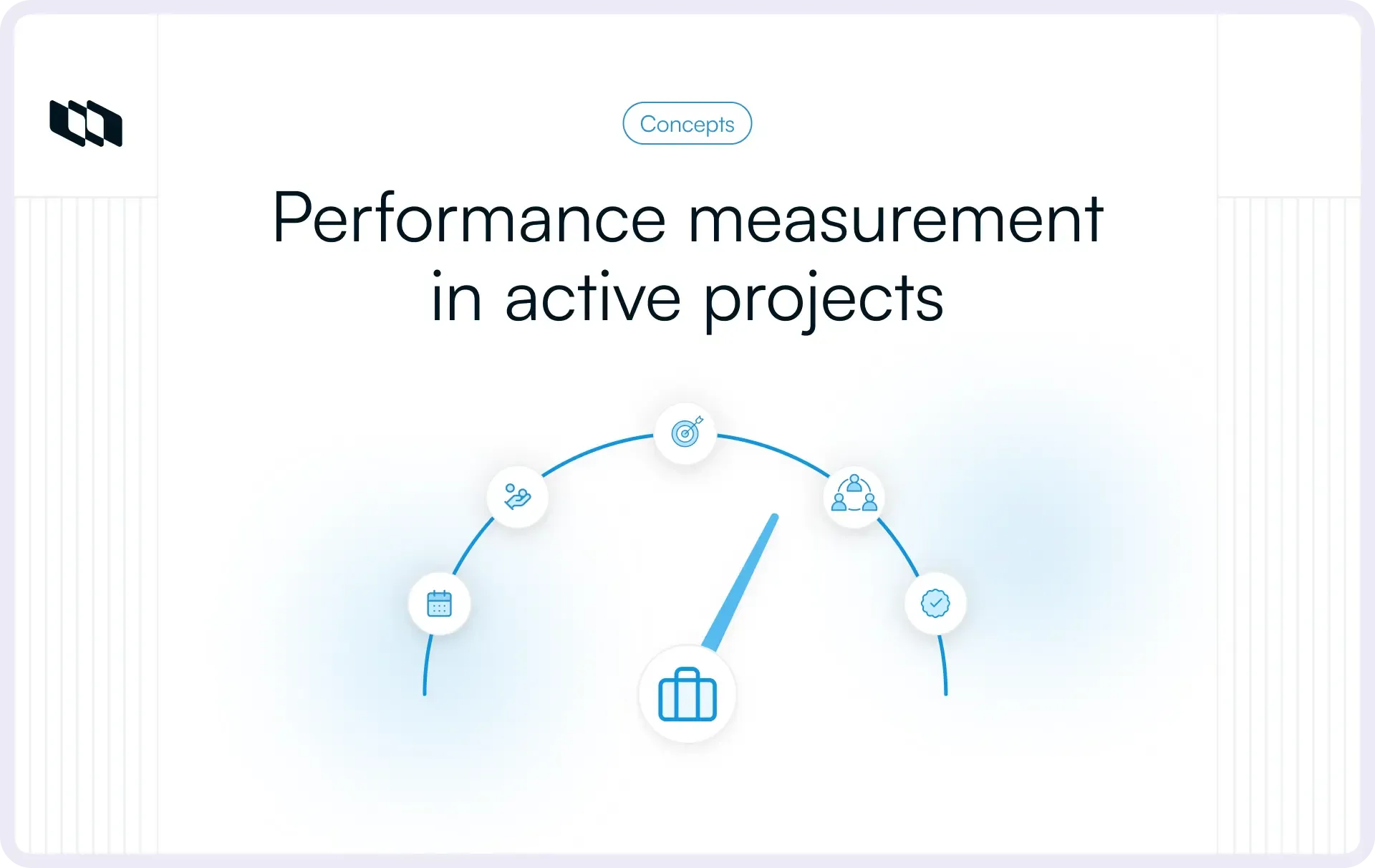 Illustration showing performance measurement in active projects using a gauge-style visual with icons representing schedule, goals, team alignment, quality, and delivery progress.