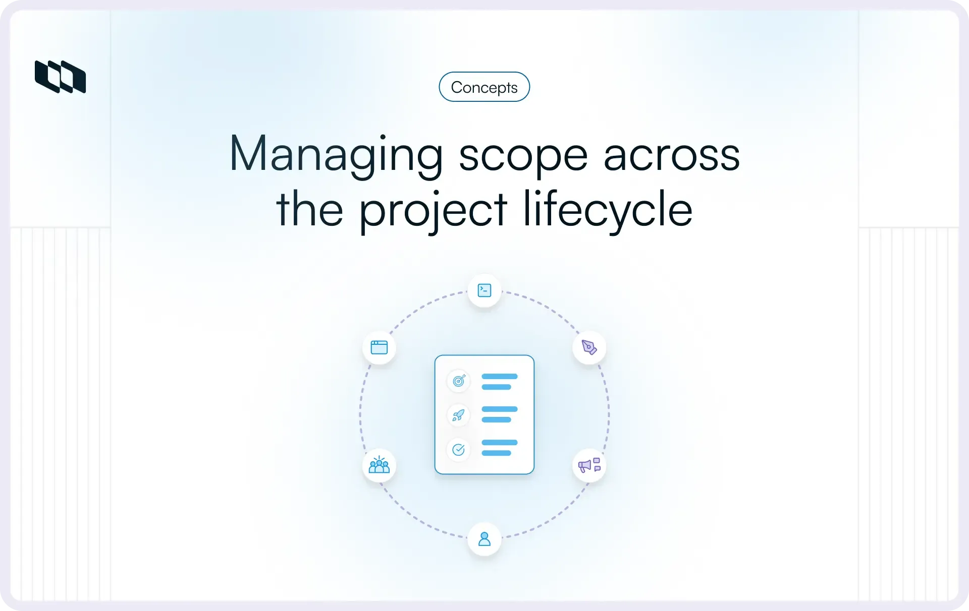 Visual illustrating project scope management across the project lifecycle with planning, tracking, and collaboration icons around a central scope document.