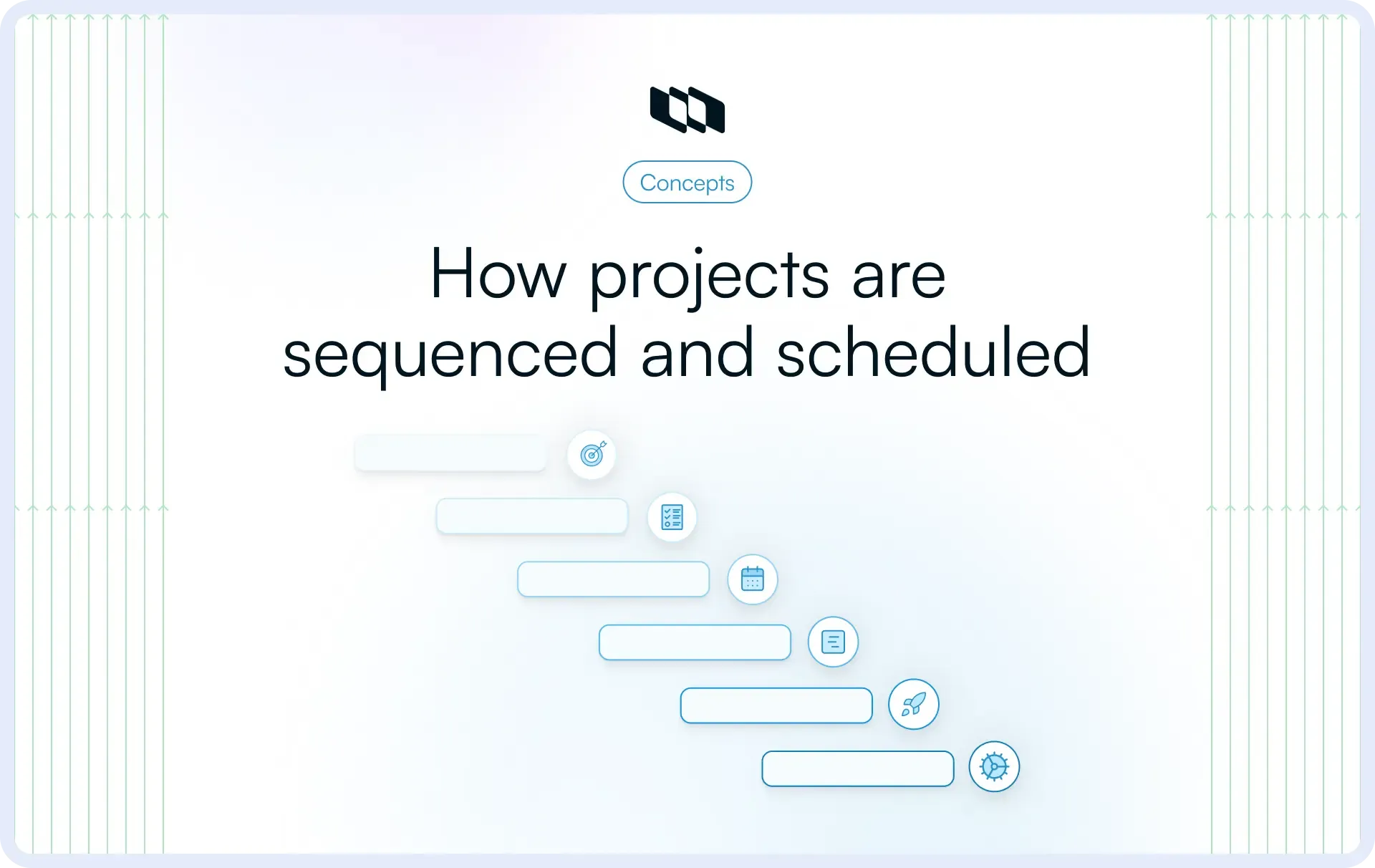 Illustration showing how projects are sequenced and scheduled with step-by-step workflow stages, timelines, and planning icons.
