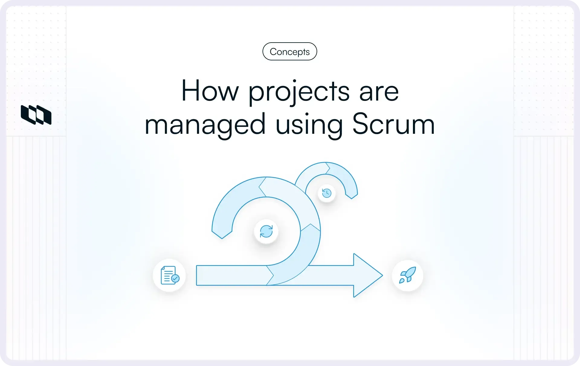 Visual of iterative Scrum workflow with repeating sprint cycles, backlog, reviews, and delivery phases showing continuous project progress.
