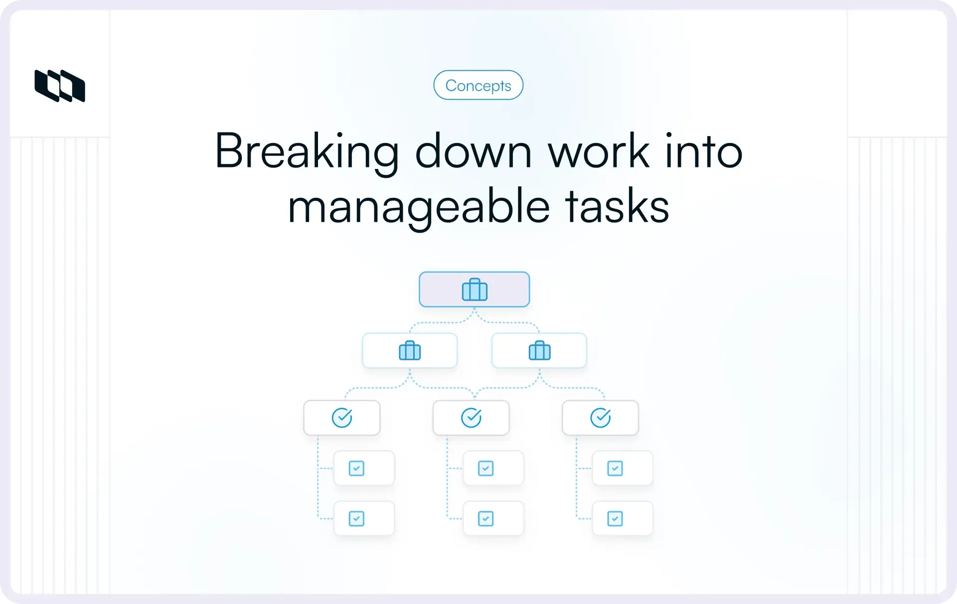 Illustration showing work broken into projects, sub-tasks, and checklists to make large initiatives easier to manage and track.