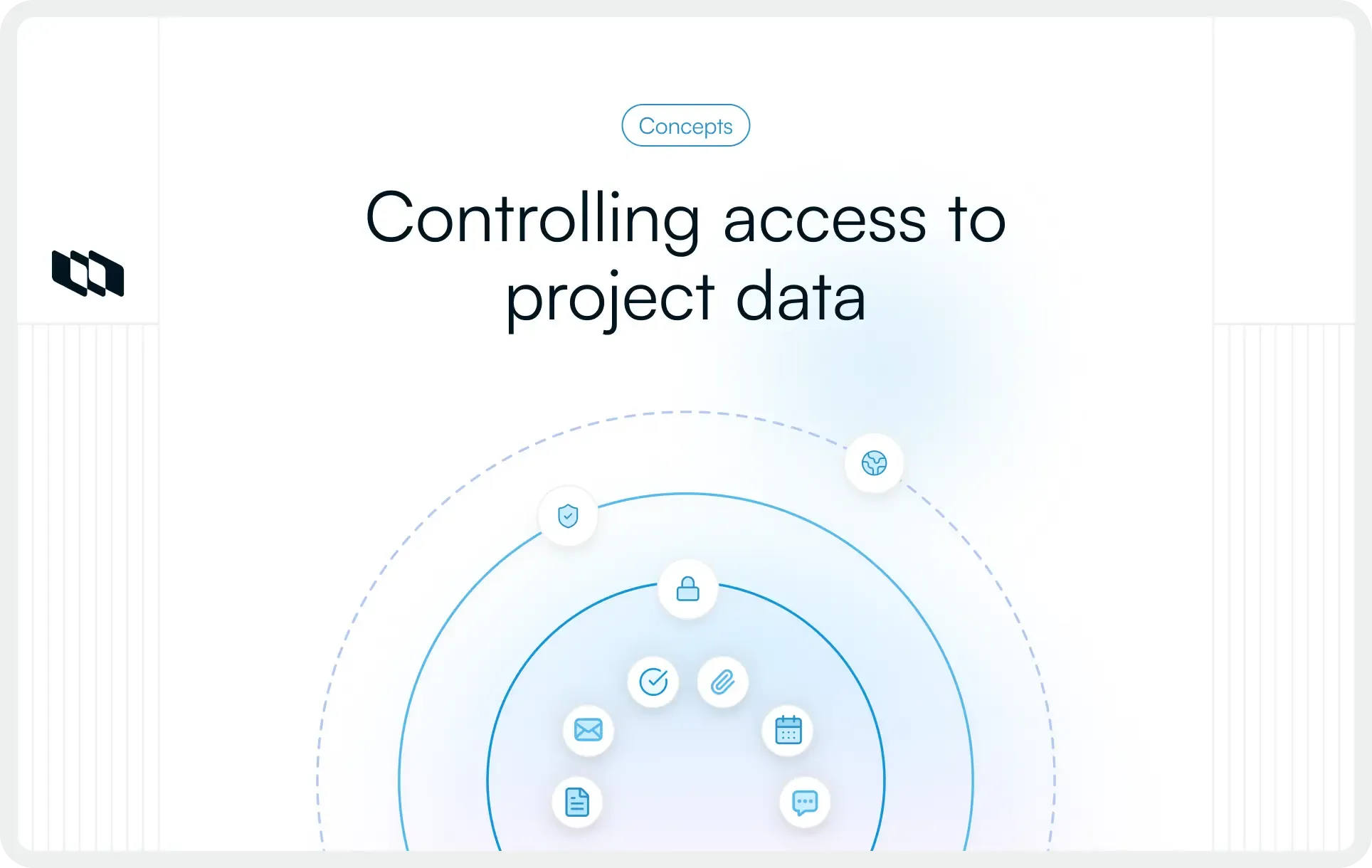 Illustration showing controlled access to project data, with layered permission levels protecting tasks, files, and collaboration activity inside a project management tool.