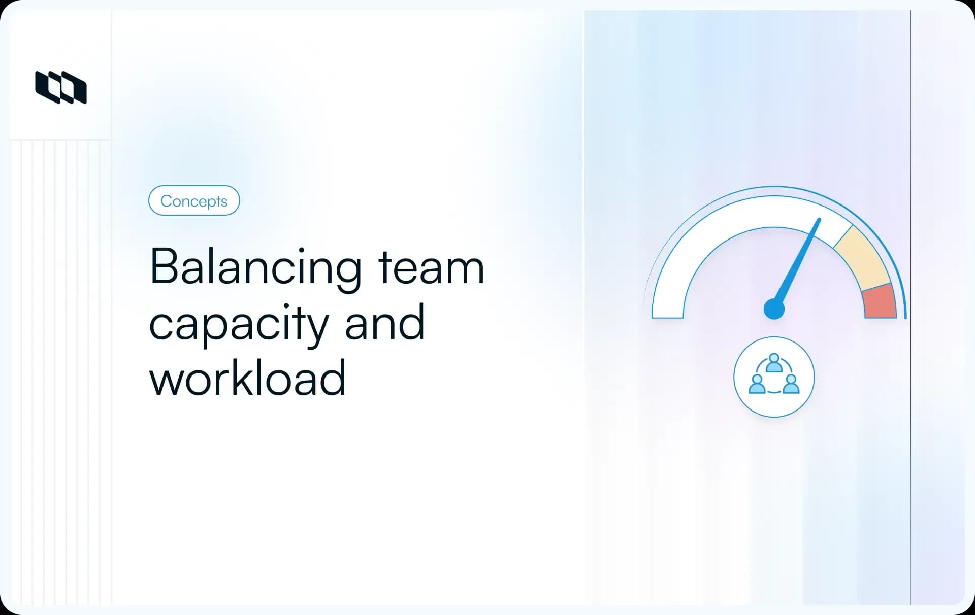 Illustration showing a gauge representing team capacity and workload balance, with a team icon beneath the meter indicating shared workload distribution