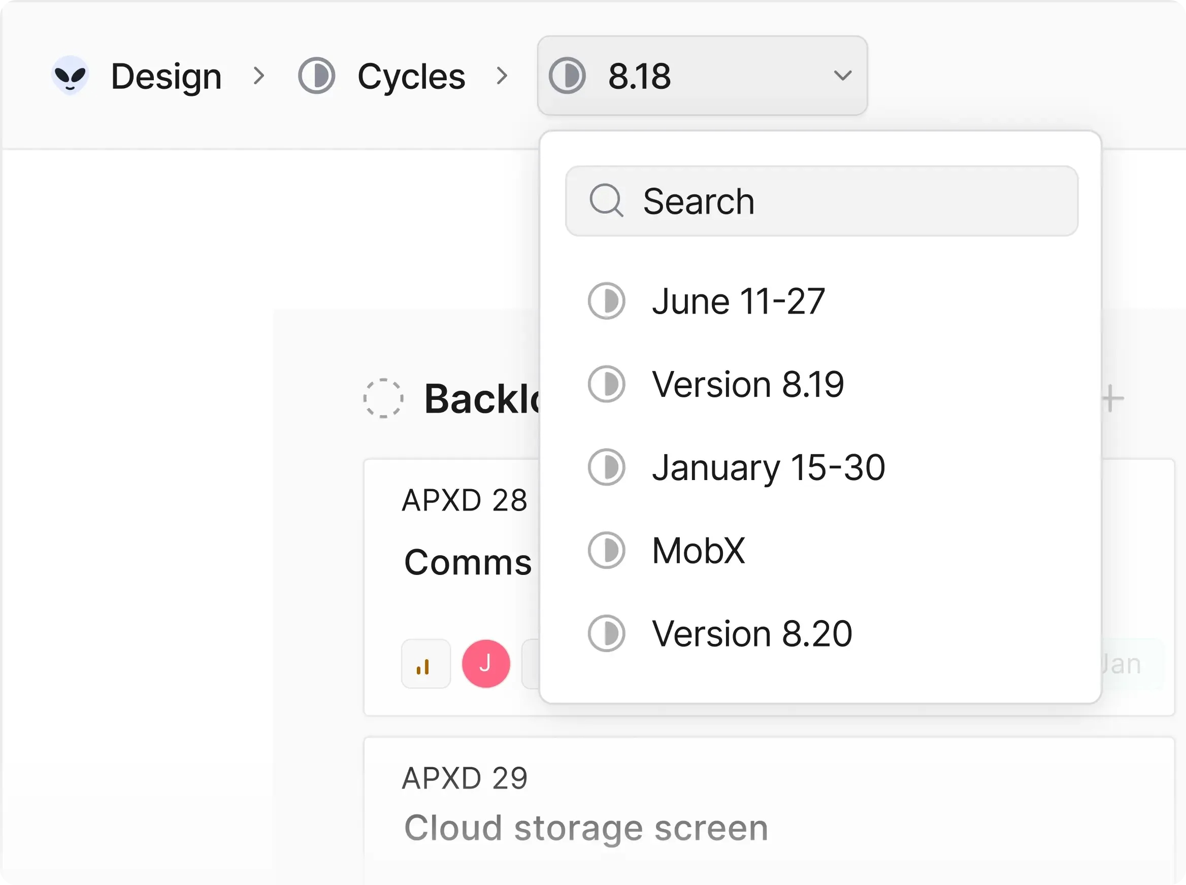 Dropdown interface for switching between project cycles, including versions and date-based labels in Plane UI.
