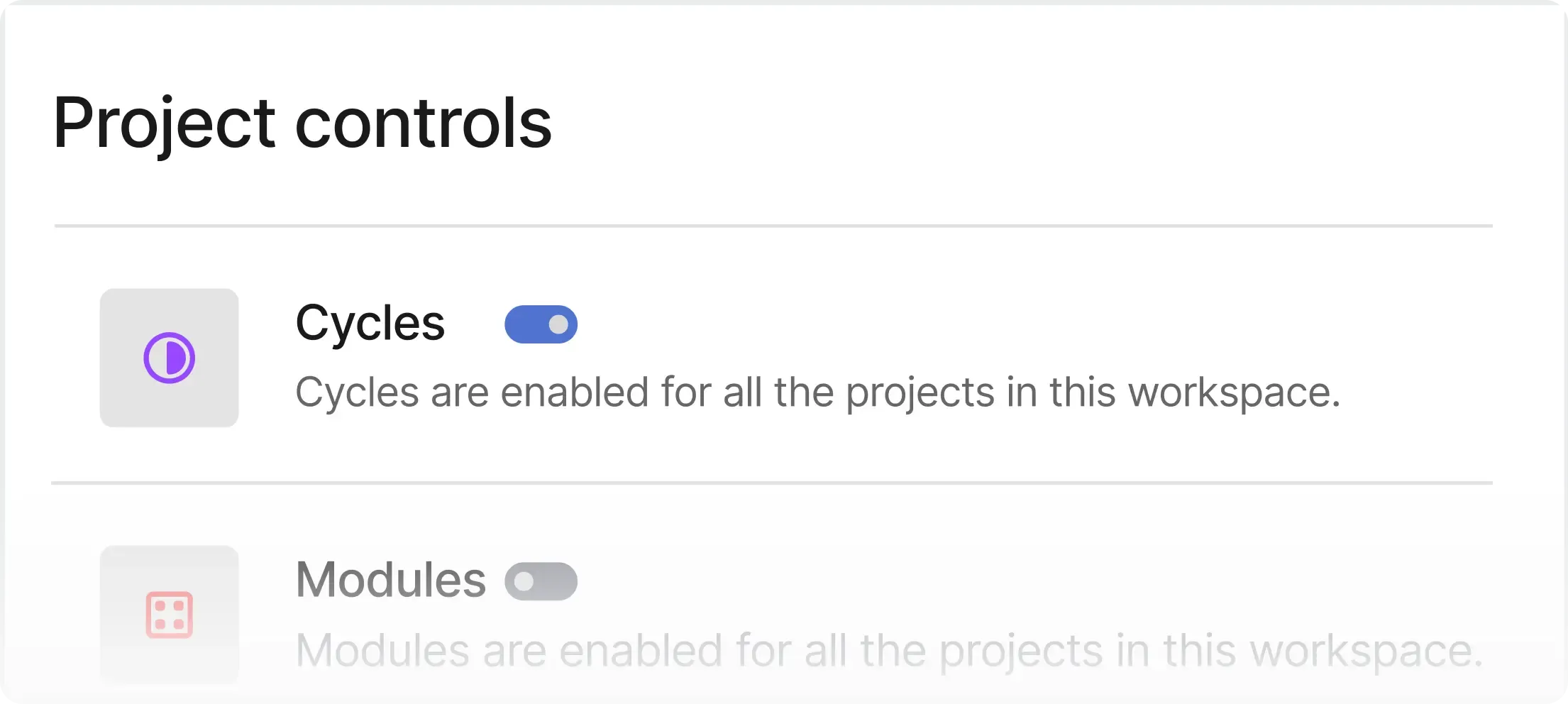 Workspace settings showing toggles to enable or disable cycles and modules across all projects.