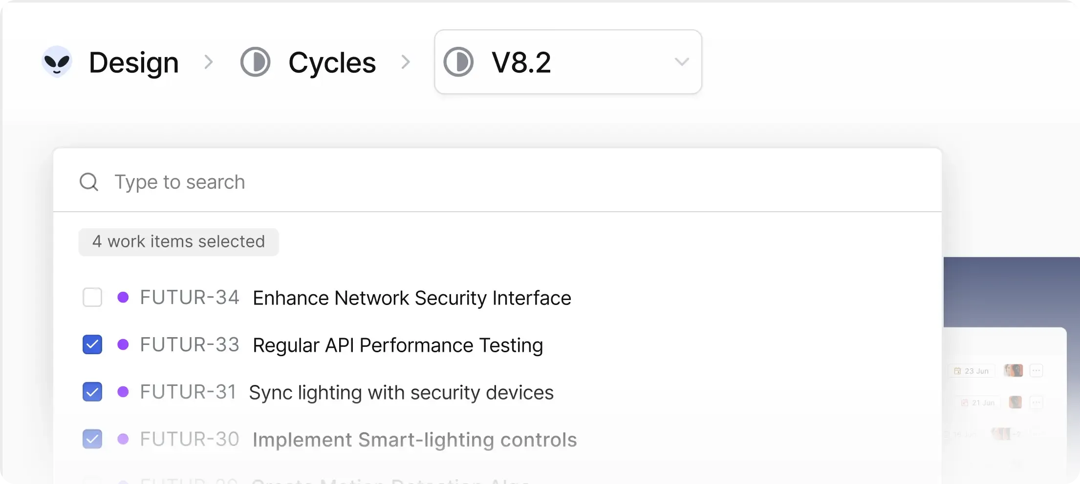 Interface for adding multiple work items to a selected cycle, with checkboxes and a search bar for filtering items in Plane UI.