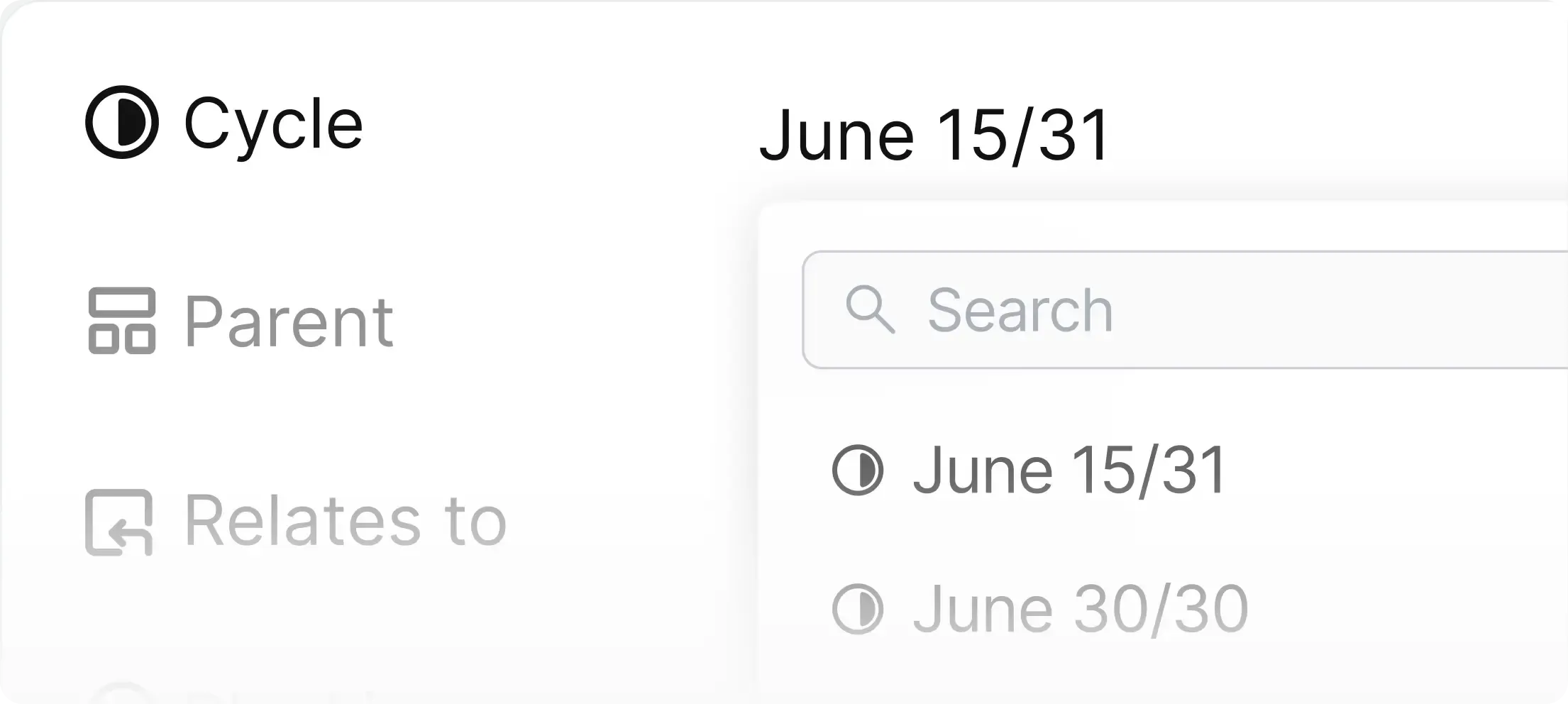 Cycle selection interface in work item properties showing a dropdown of available cycles within the same project in Plane UI.