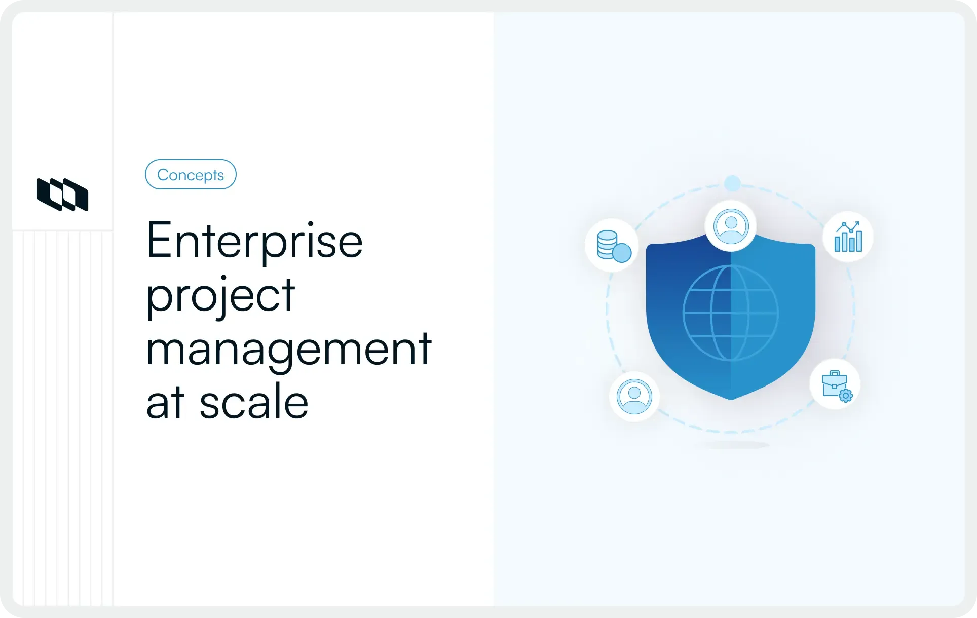 Illustration showing enterprise project management at scale, with a central shield icon representing governance.