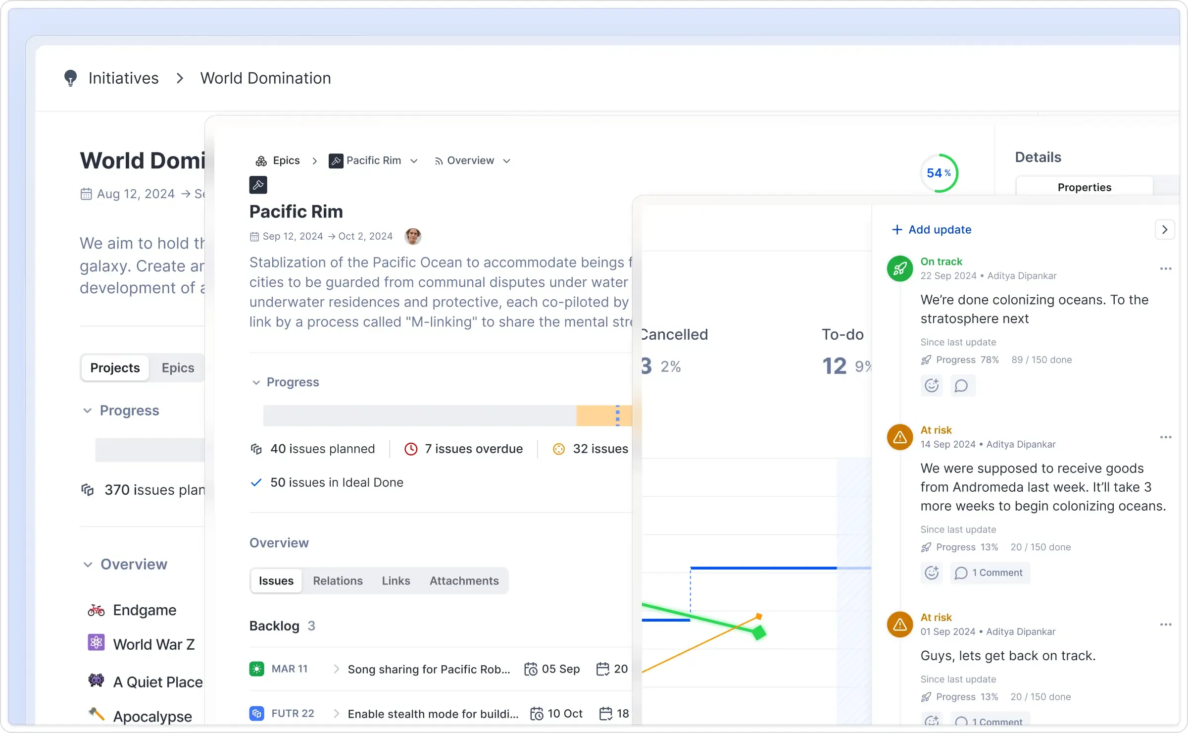 Plane UI showing epics and initiatives