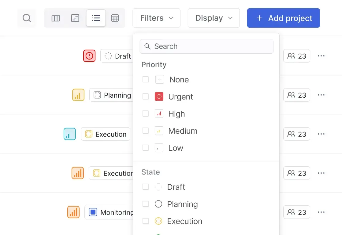 PLane UI showing filter and sort options projects