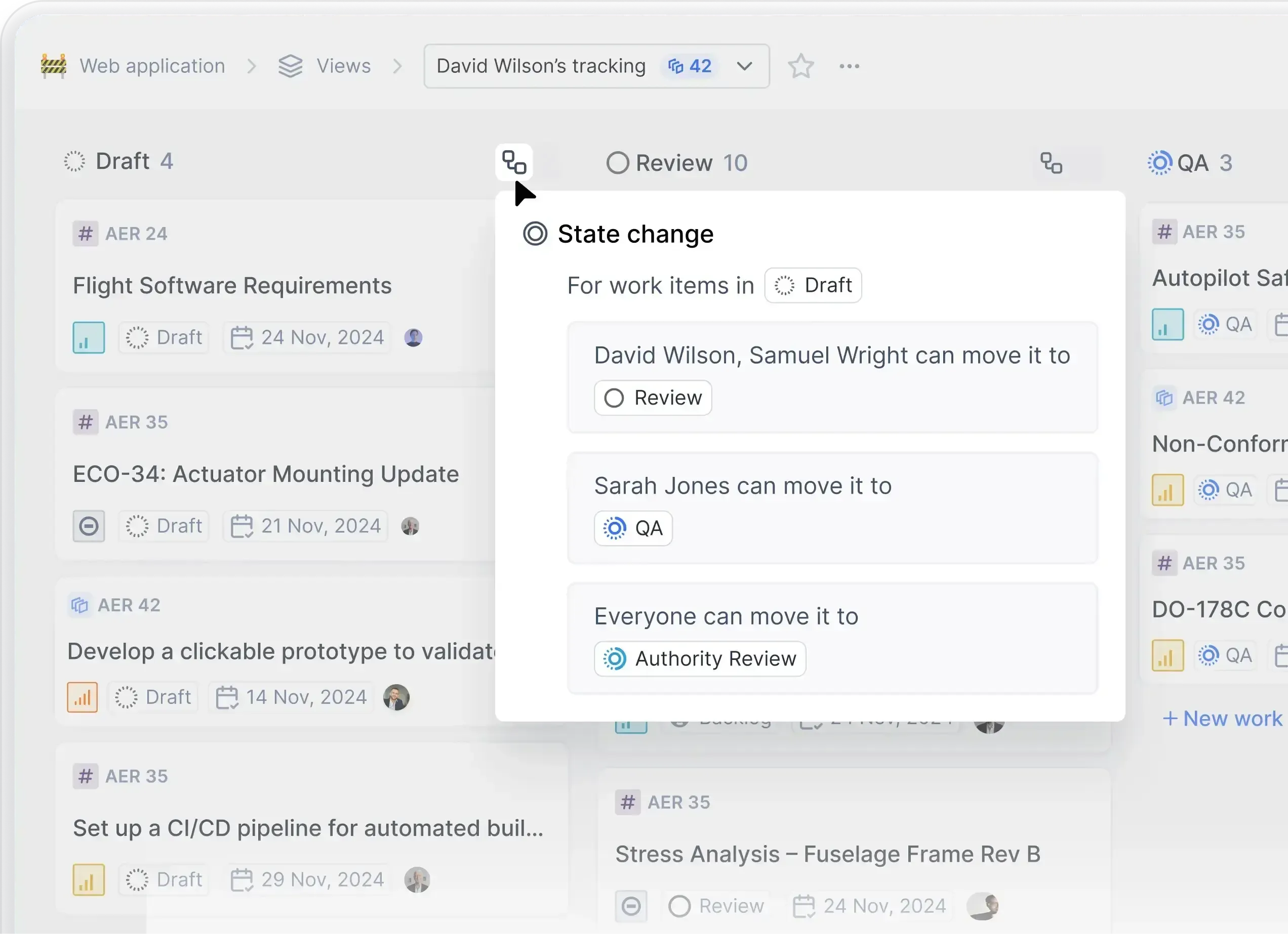 Plane UI showing a tracking view with a popover that defines who can move work items in the "Draft" state to stages like Review, QA, or Authority Review.