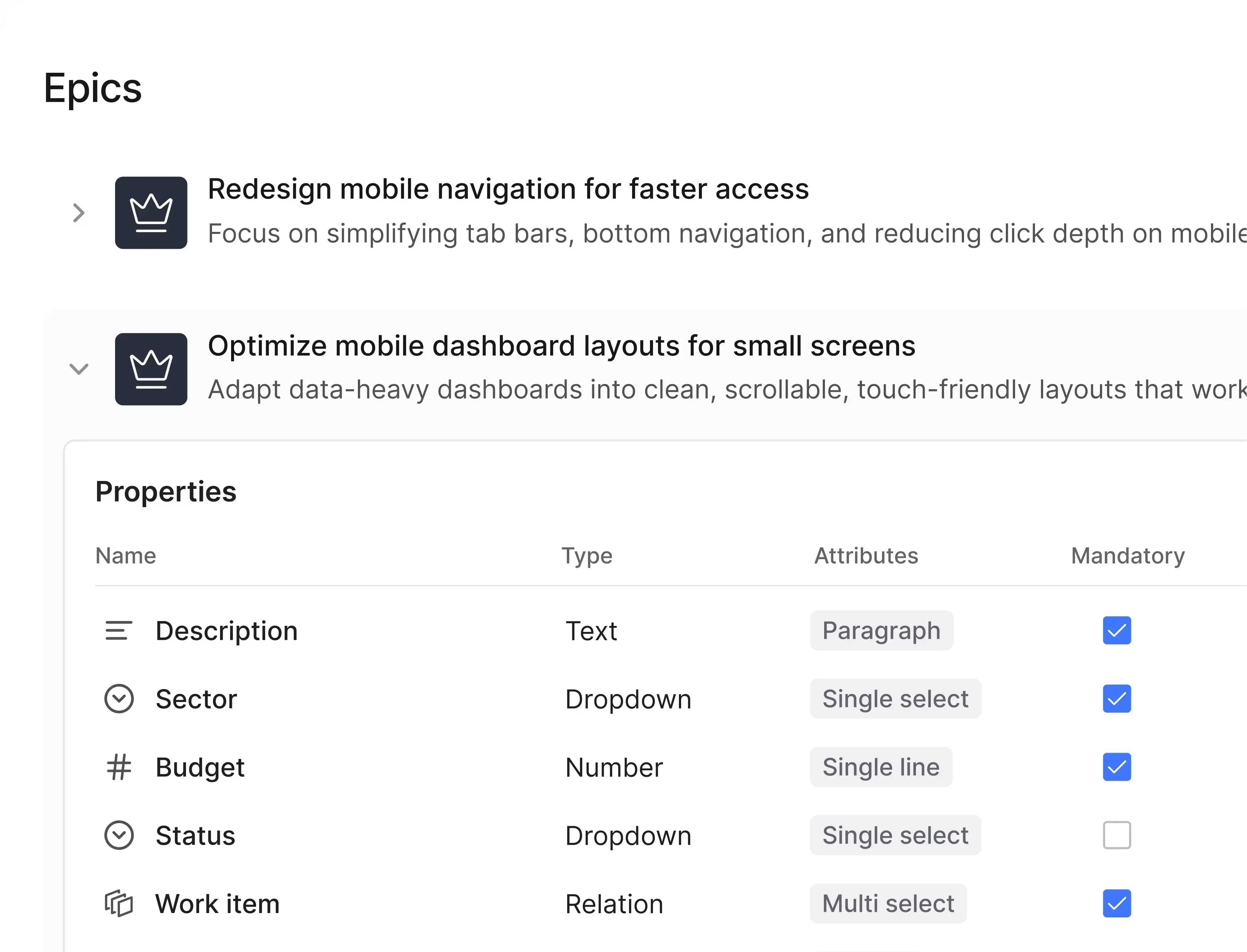 Epics in Plane displaying structured work breakdown with customizable properties to manage multi-cycle efforts without switching from standard task layouts.
