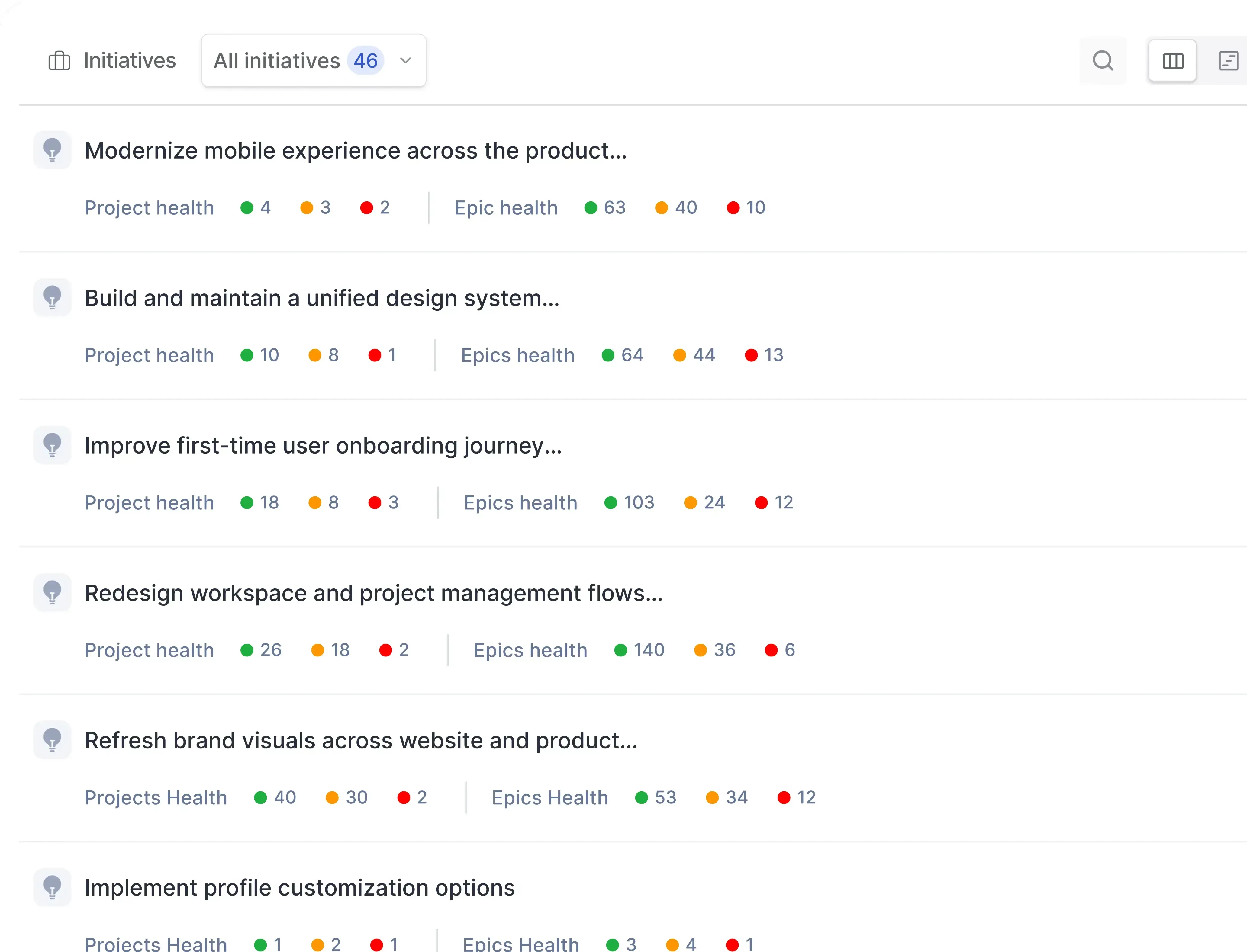 Initiatives in Plane showing aggregated health metrics across connected projects and epics to track high-level progress and alignment in one place.