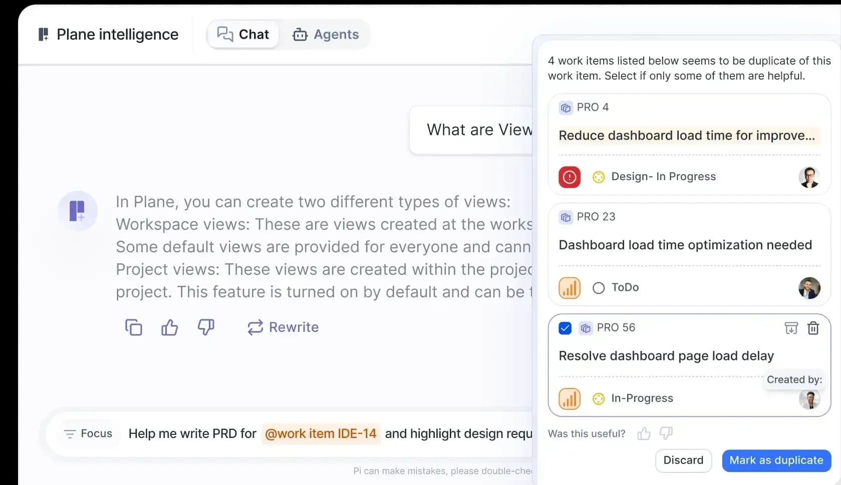 AI assistant sidebar in Plane suggesting duplicate work items during a chat session, with options to mark items as duplicates or discard suggestions.