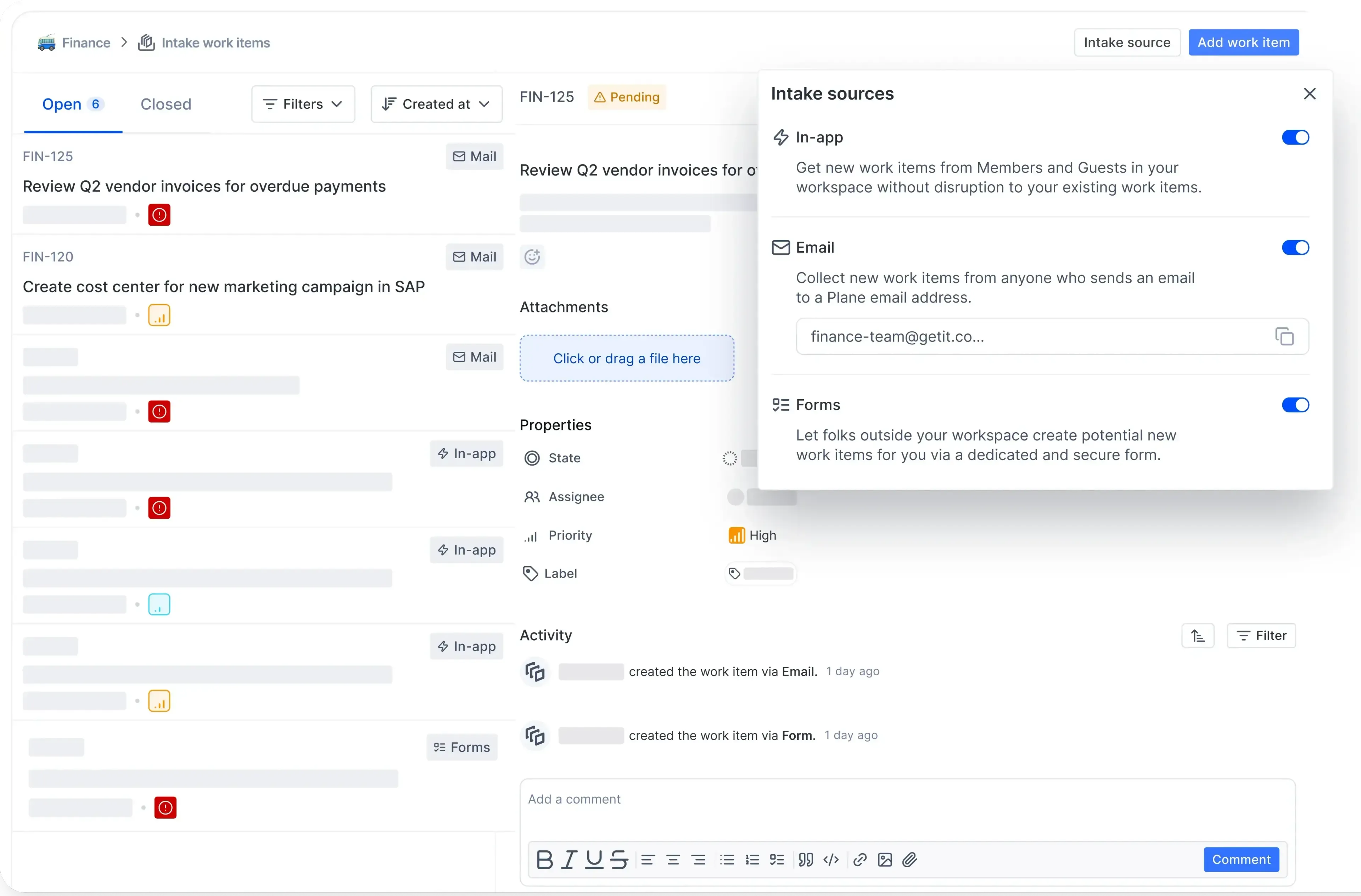 Intake view showing a list of finance-related work items, each with source tags, status indicators, priorities, and properties; a panel shows intake options via app, email, or forms.