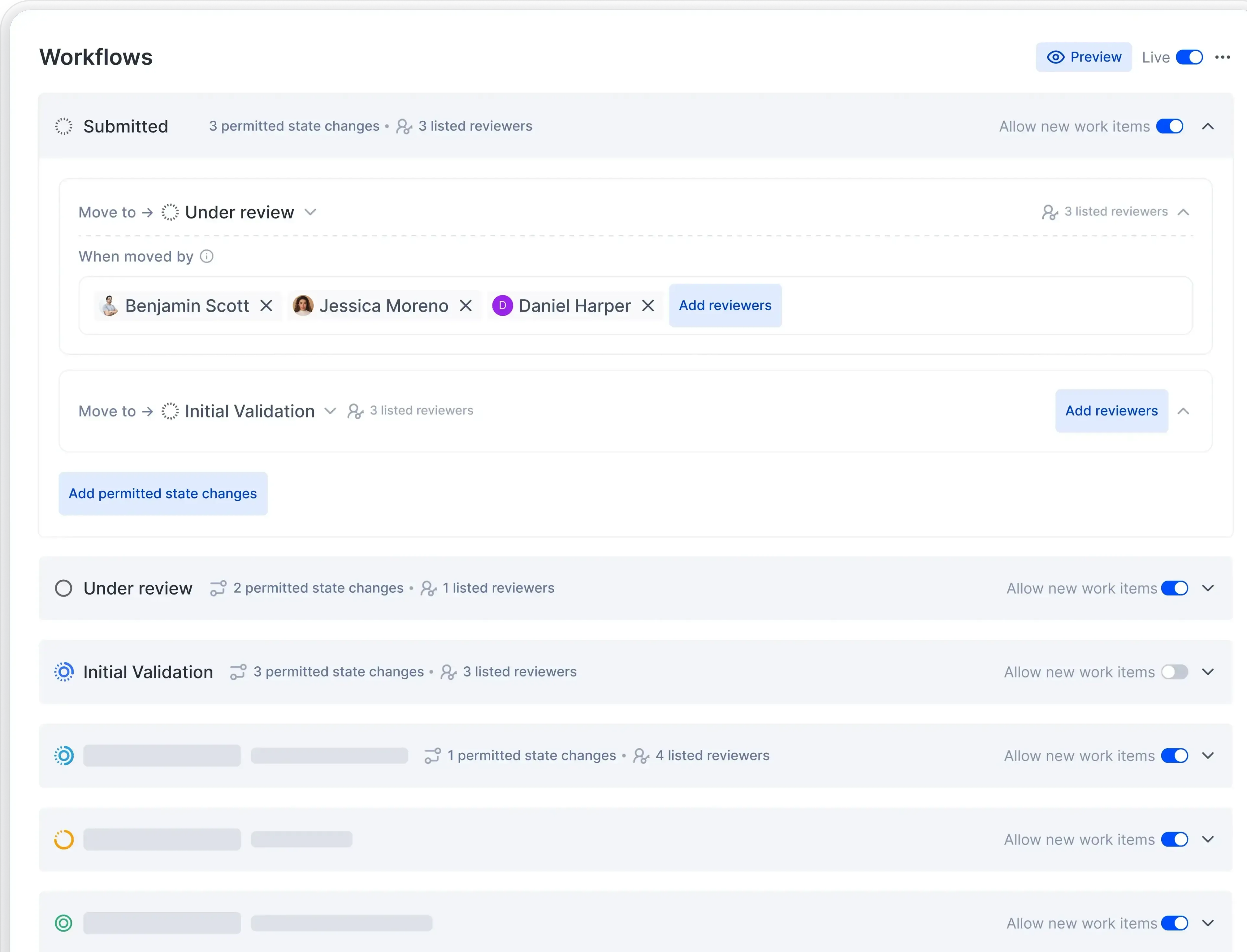 Workflow configuration screen with defined work item states, transition rules, and assigned reviewers for each stage in a review process.