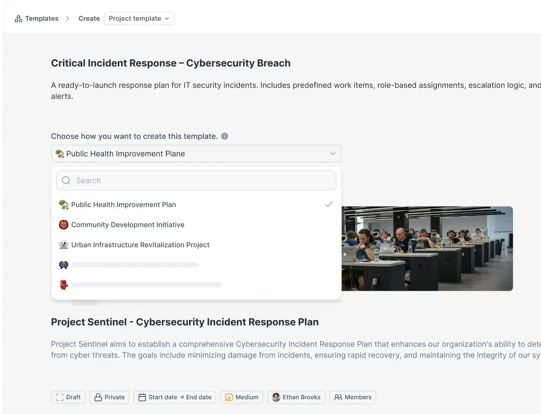 Project template creation screen in Plane for launching a cybersecurity response plan, with selectable initiative contexts.