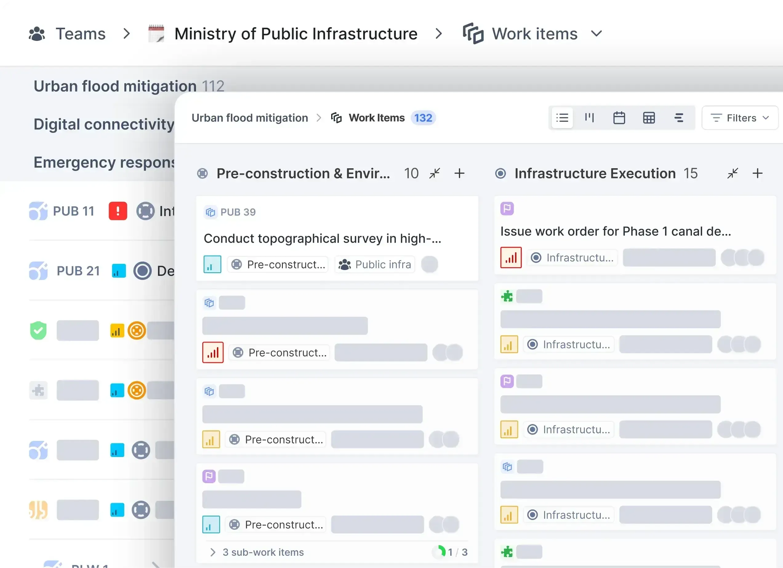 Plane board view for a public infrastructure team showing categorized work items grouped by project stages such as planning and implementation.