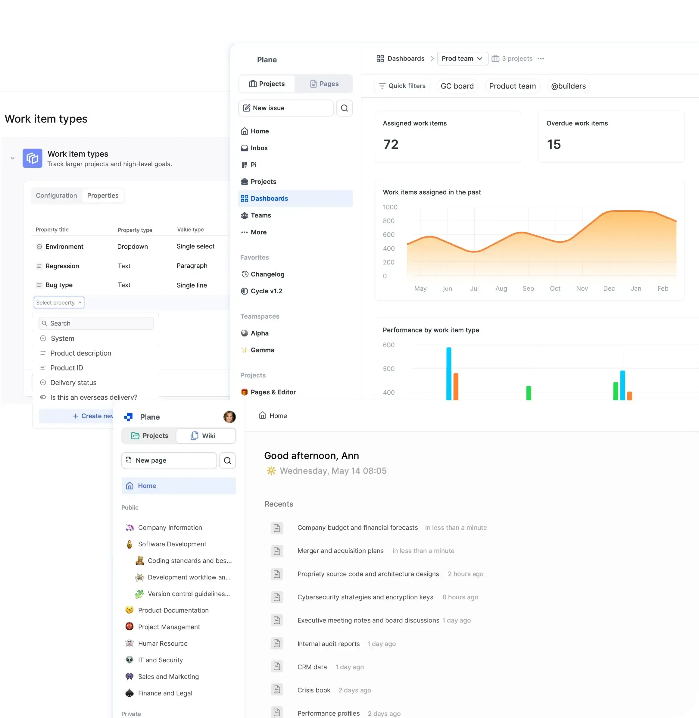 Multi-panel view of the Plane UI showing work item type configuration, a project dashboard with charts, and a document hub listing recent files and folders.