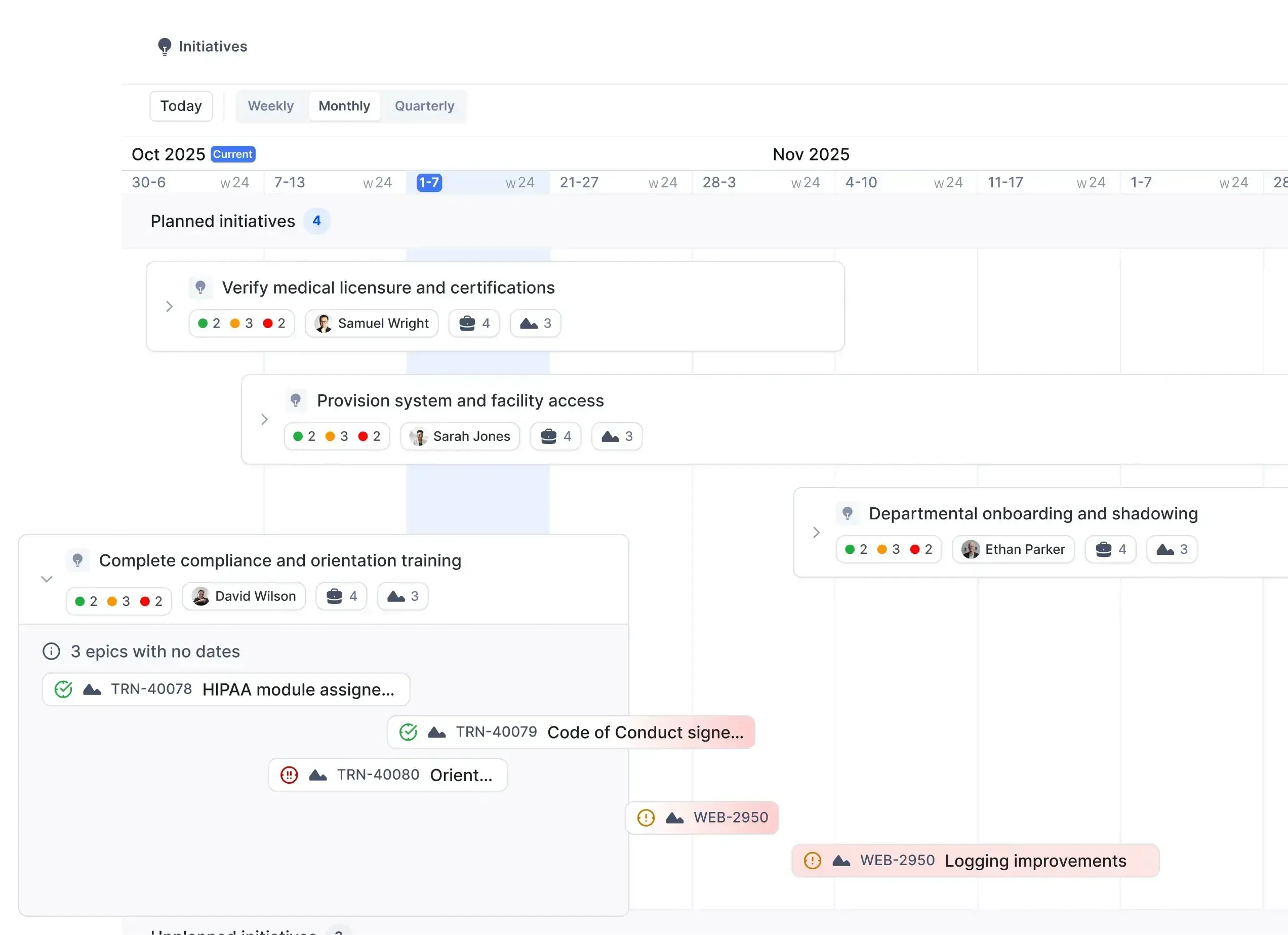 Timeline view in Plane of planned healthcare initiatives with assigned owners, status indicators, and nested tasks for compliance, access, and onboarding activities.