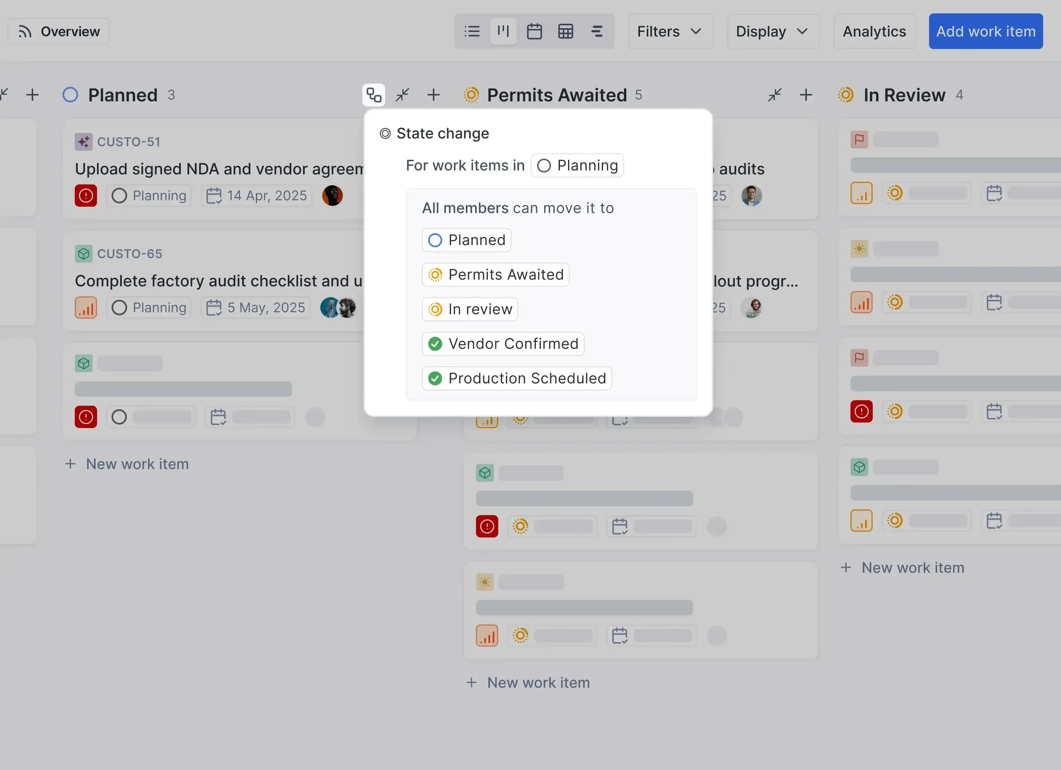 Kanban view in Plane with work items organized by stages like planning and review, with a modal for changing item state