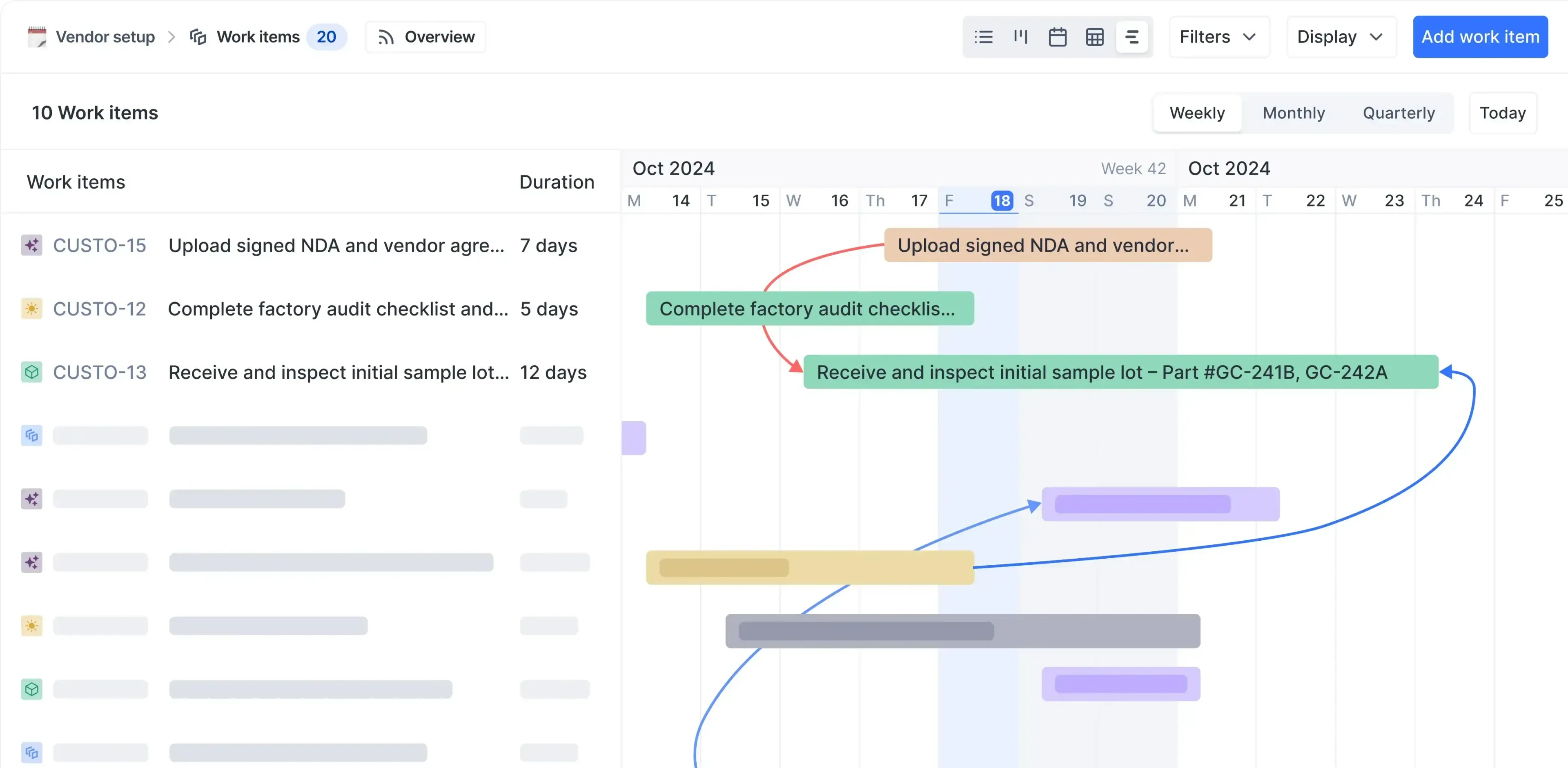 Timeline view in Plane showing vendor onboarding tasks with dependencies mapped across a multi-week schedule.